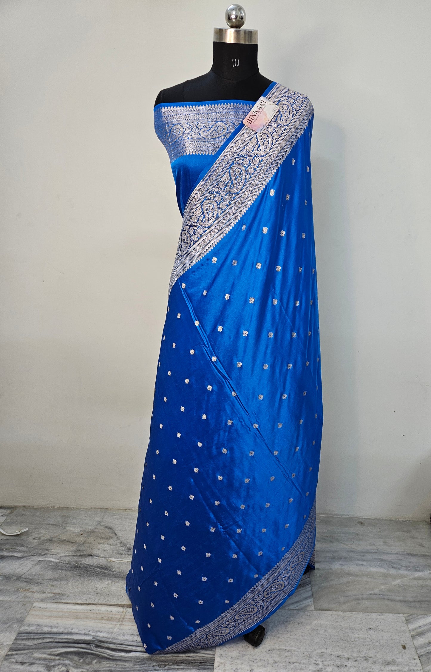 Mashru satin sky blue dot buti banarasi saree