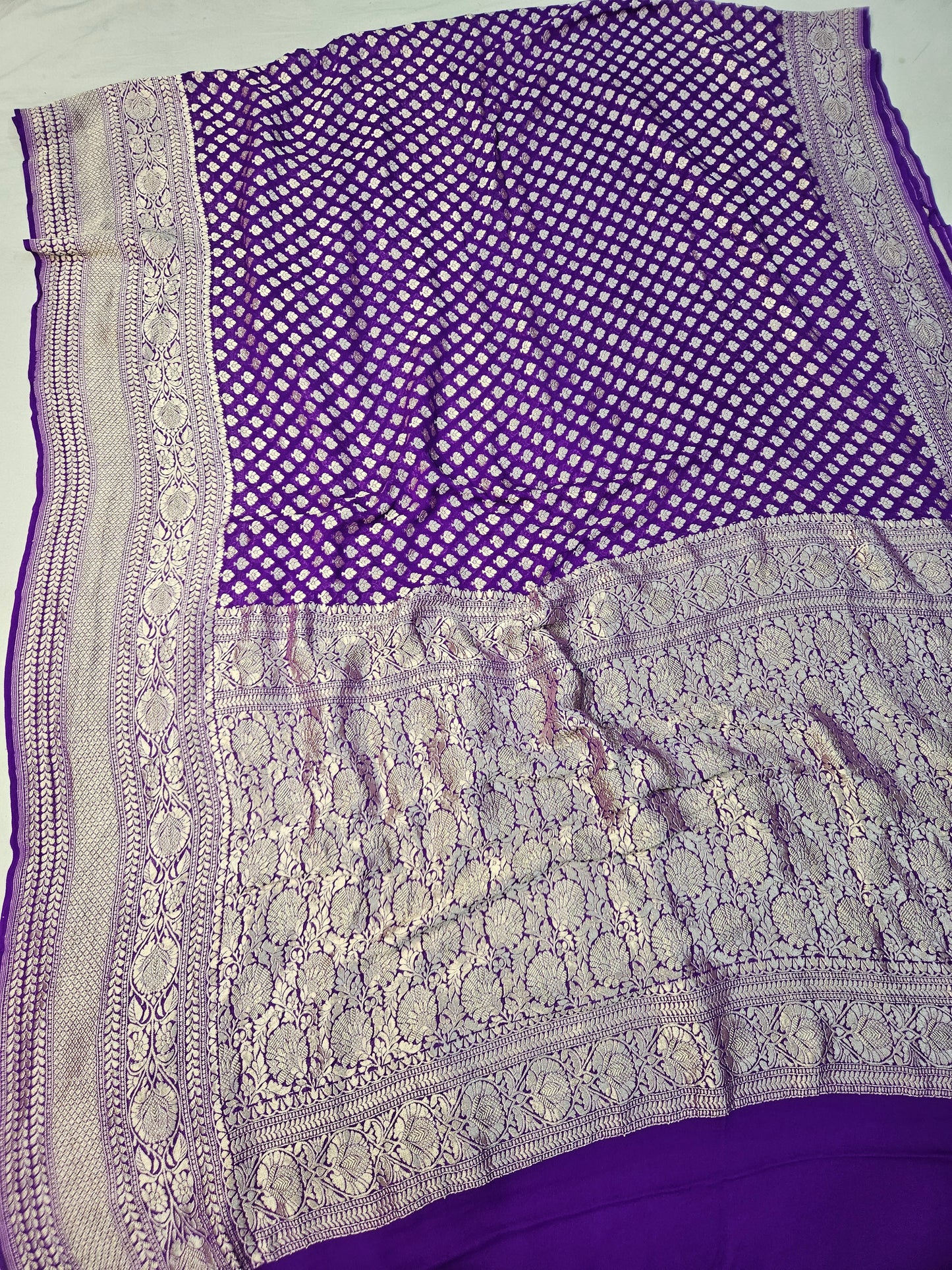 pure georgette silk buti woven tested zari banarasi saree in Purple