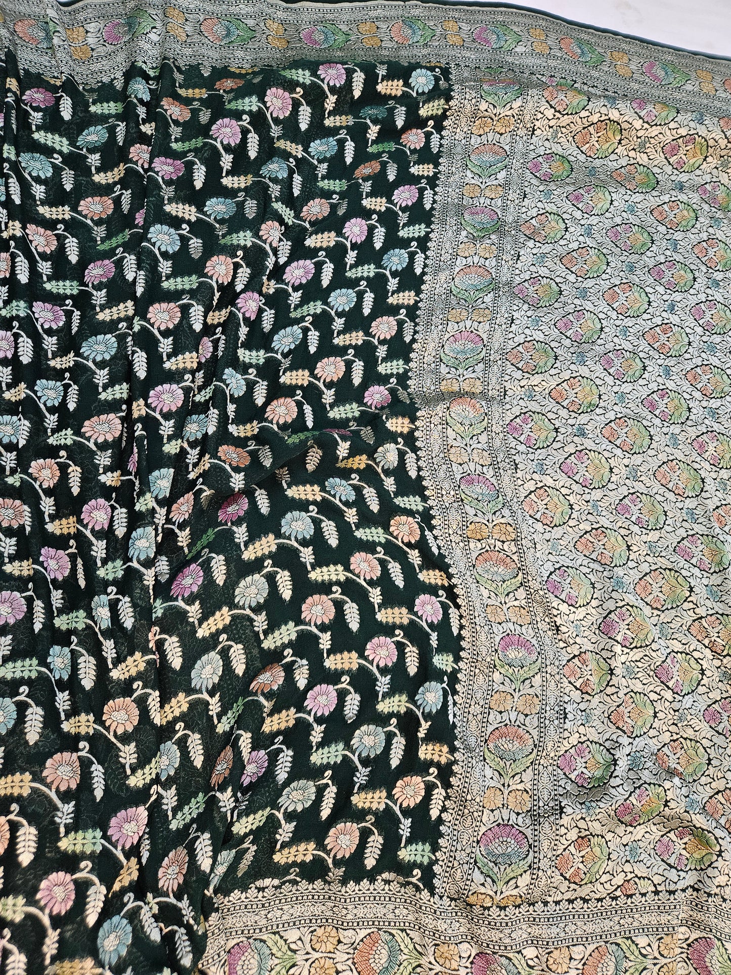 pure georgette silk banarasi handbrush work woven tested zari saree