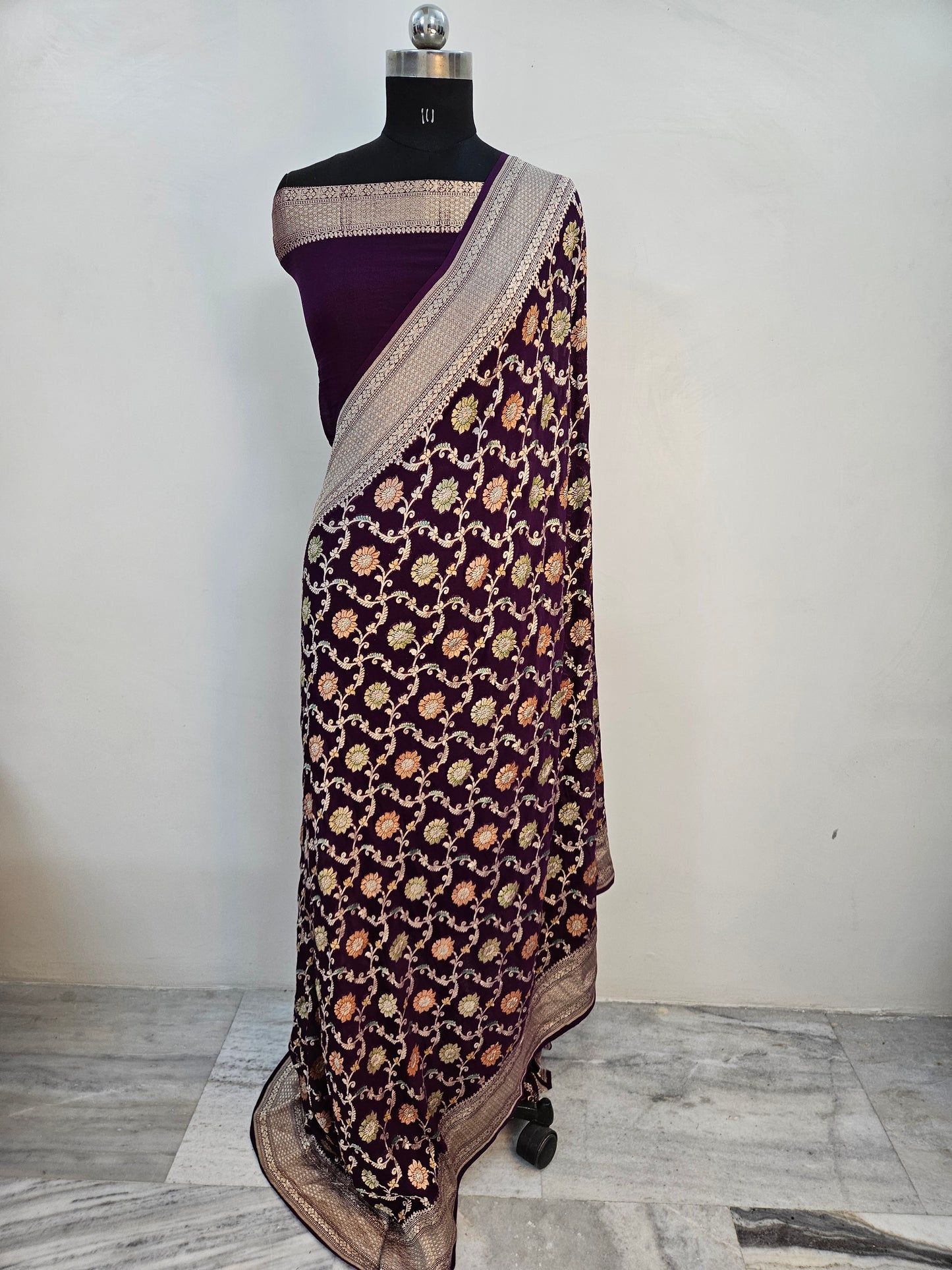 pure georgette silk banarasi handbrush work woven tested zari saree in Deep purple