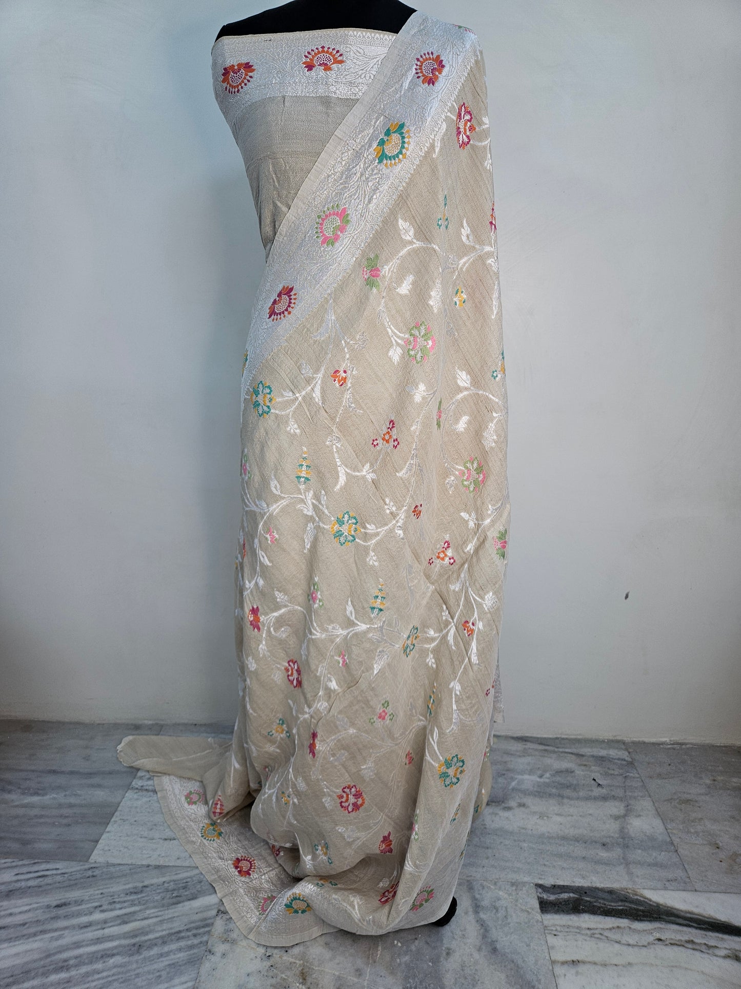 pure tussar silk banarasi meena woven saree in Natural cream