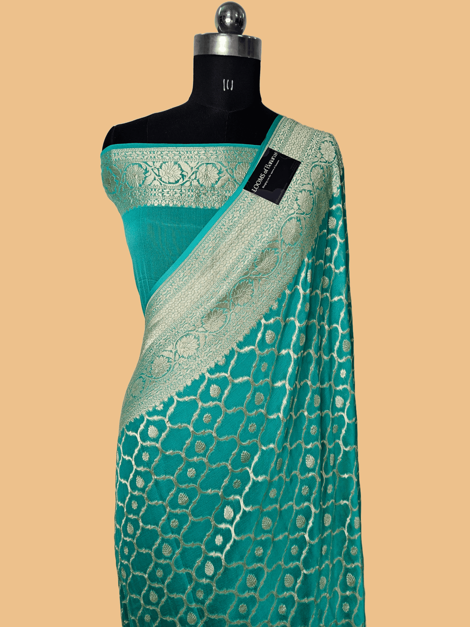 pure georgette silk banarasi saree in seagreen colour