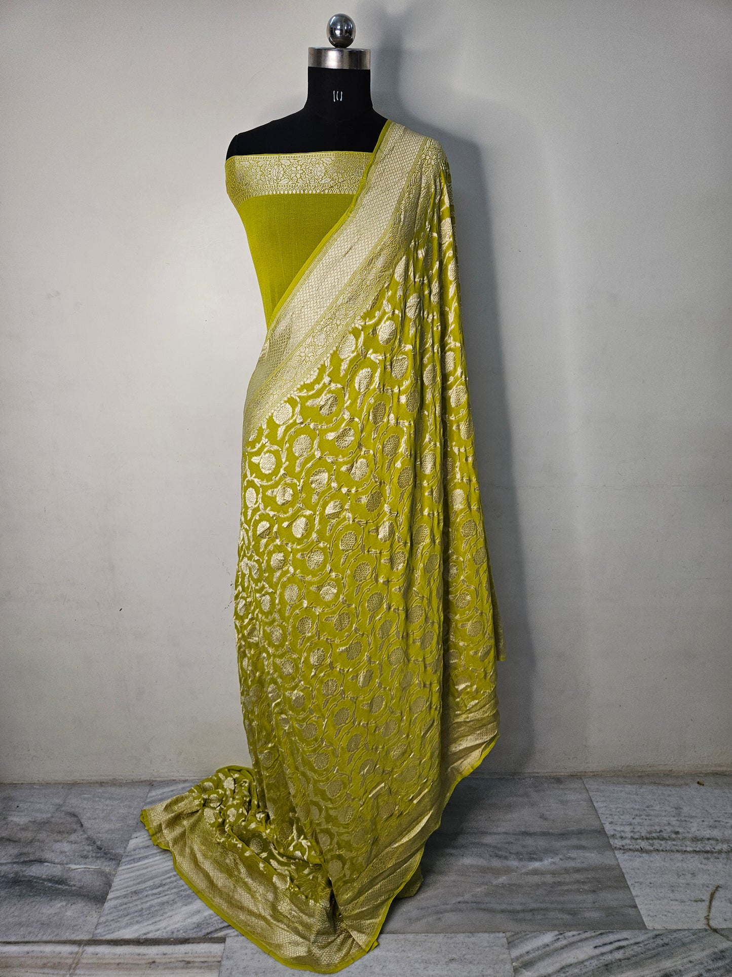 Pure Georgette Banarasi Saree weaving faux jaal watergold zari in Powder Yellow