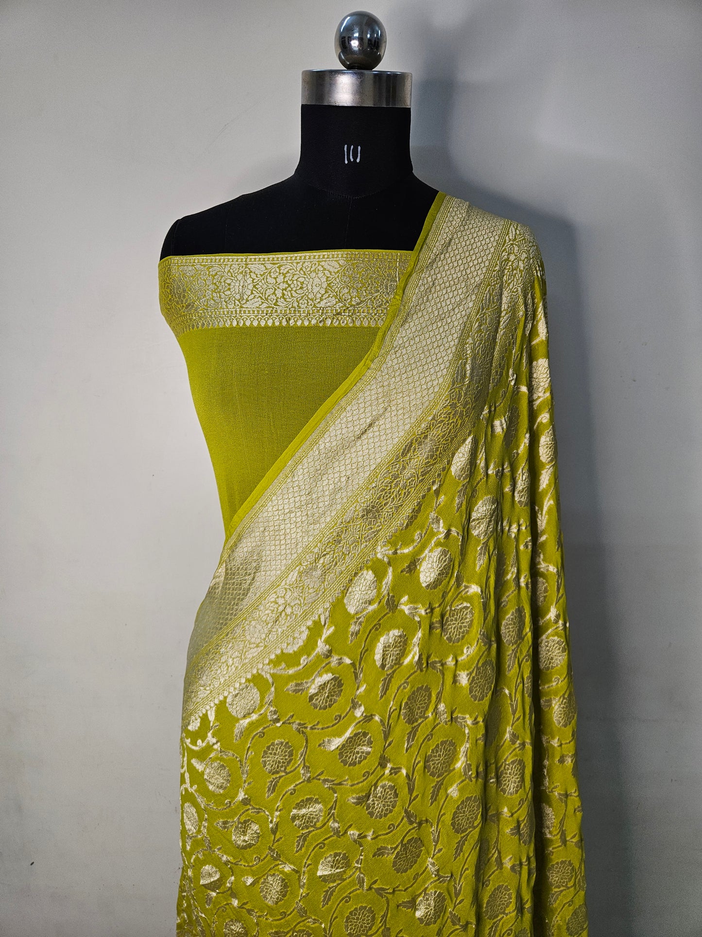 Pure Georgette Banarasi Saree weaving faux jaal watergold zari in Powder Yellow