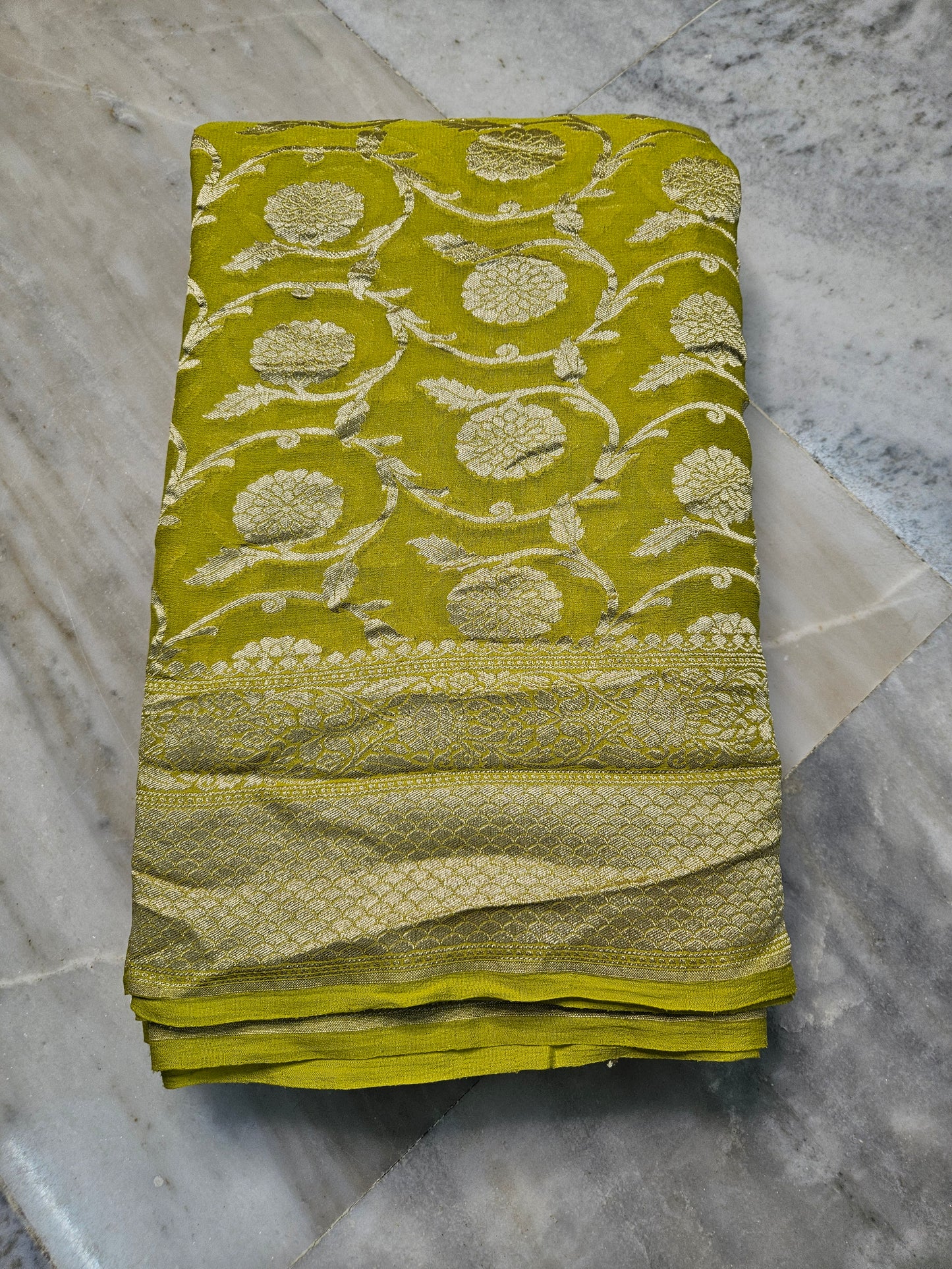 Pure Georgette Banarasi Saree weaving faux jaal watergold zari in Powder Yellow