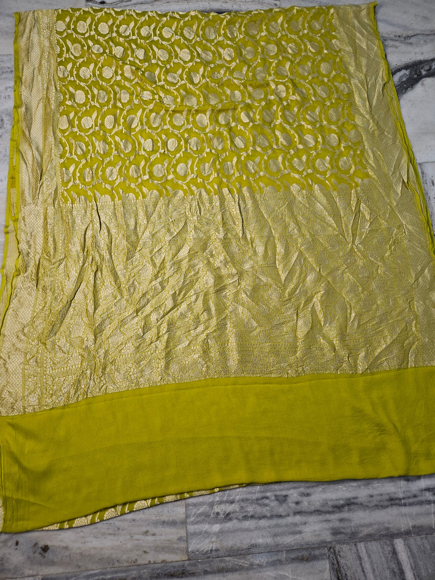 Pure Georgette Banarasi Saree weaving faux jaal watergold zari in Powder Yellow