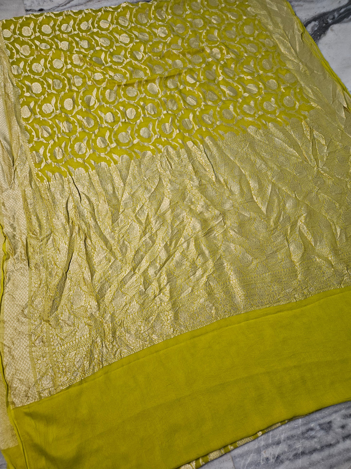 Pure Georgette Banarasi Saree weaving faux jaal watergold zari in Powder Yellow