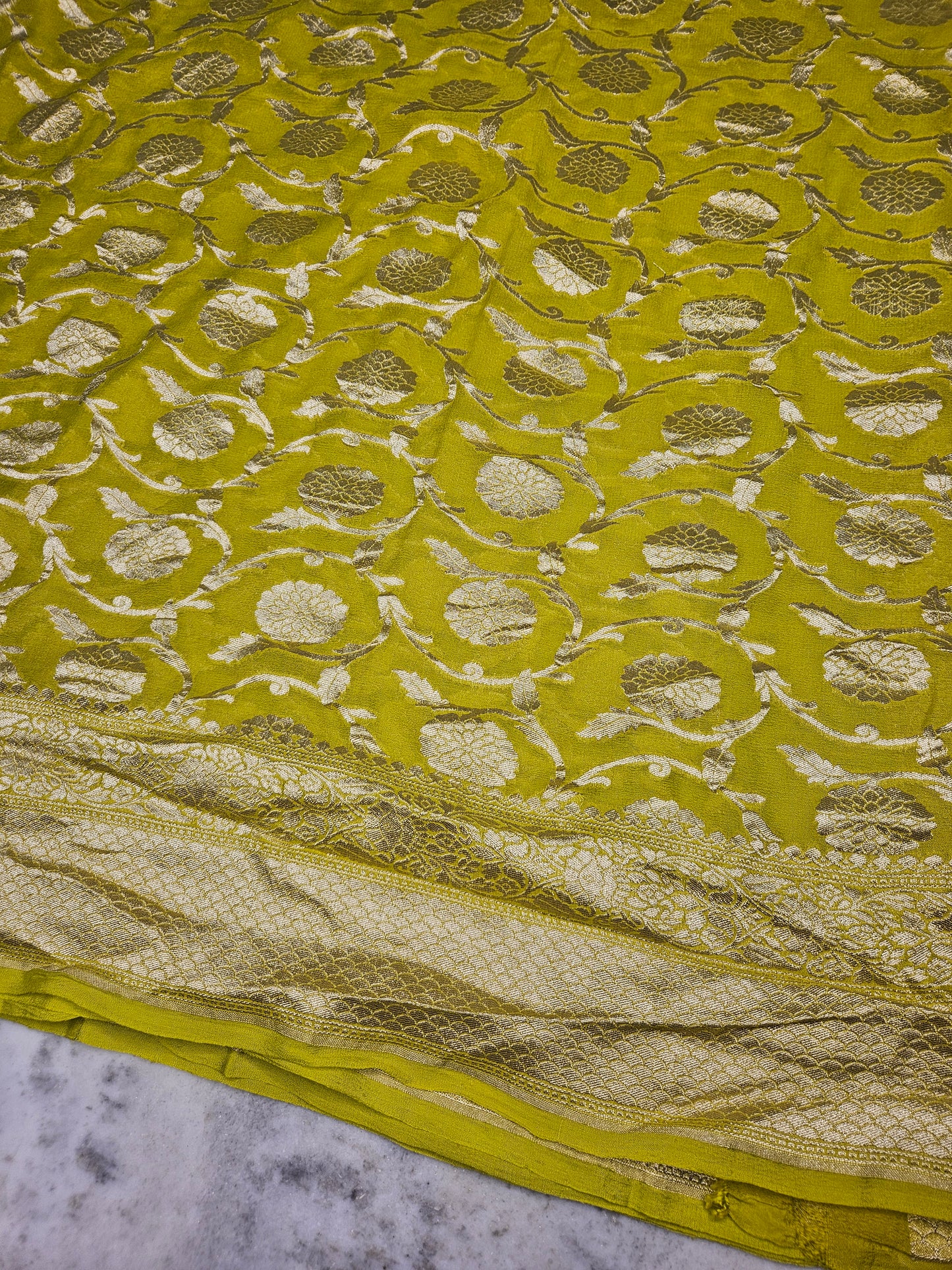 Pure Georgette Banarasi Saree weaving faux jaal watergold zari in Powder Yellow