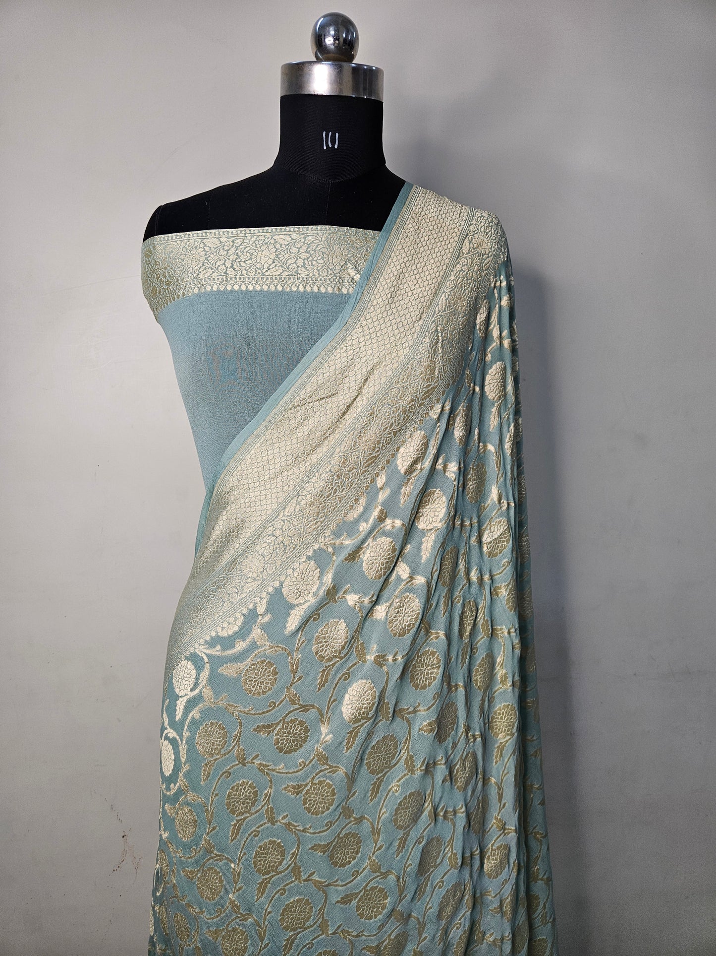 Pure Georgette Jungla Weaving Banarasi Saree in powder blue