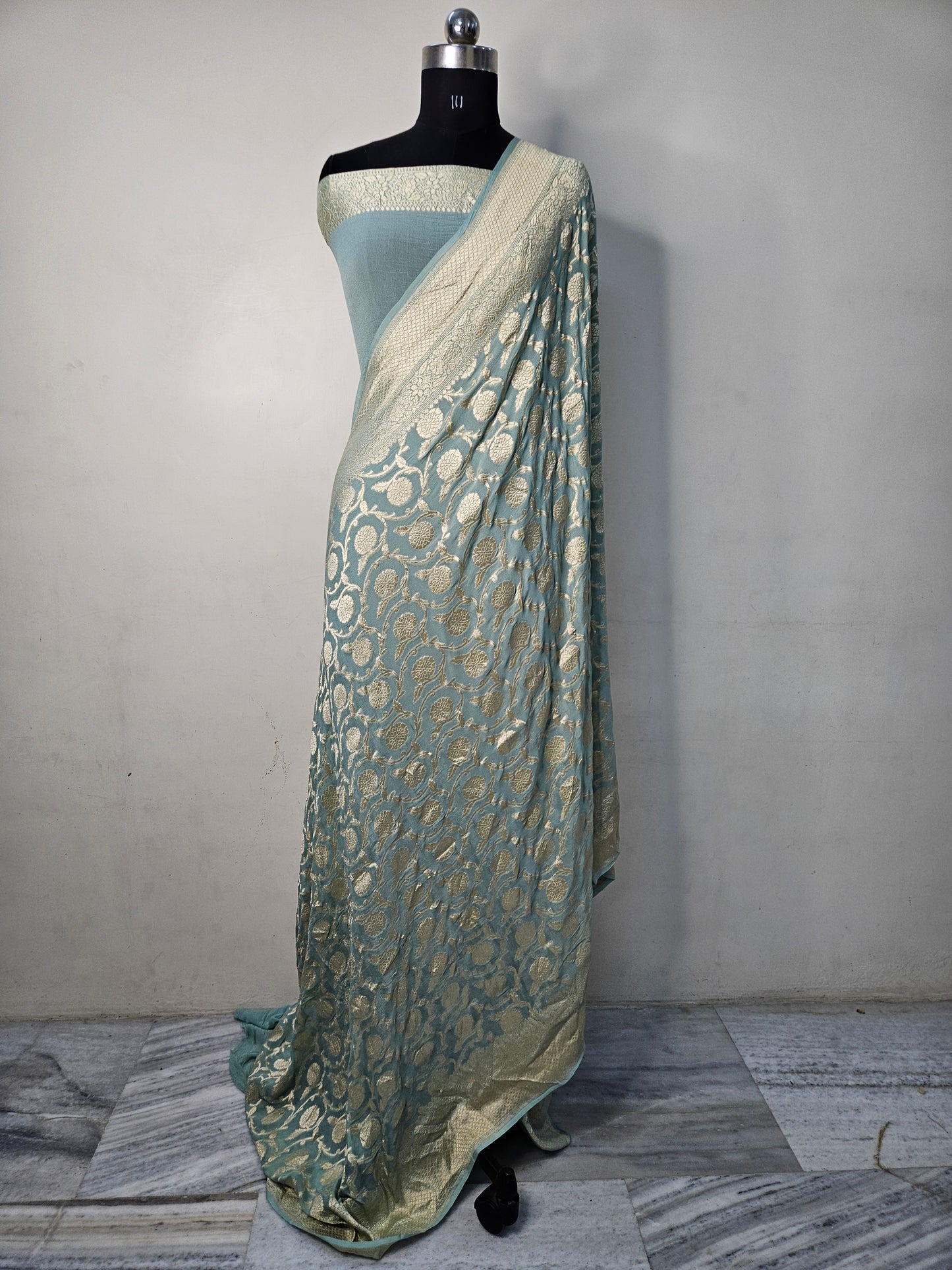 Pure Georgette Jungla Weaving Banarasi Saree in powder blue