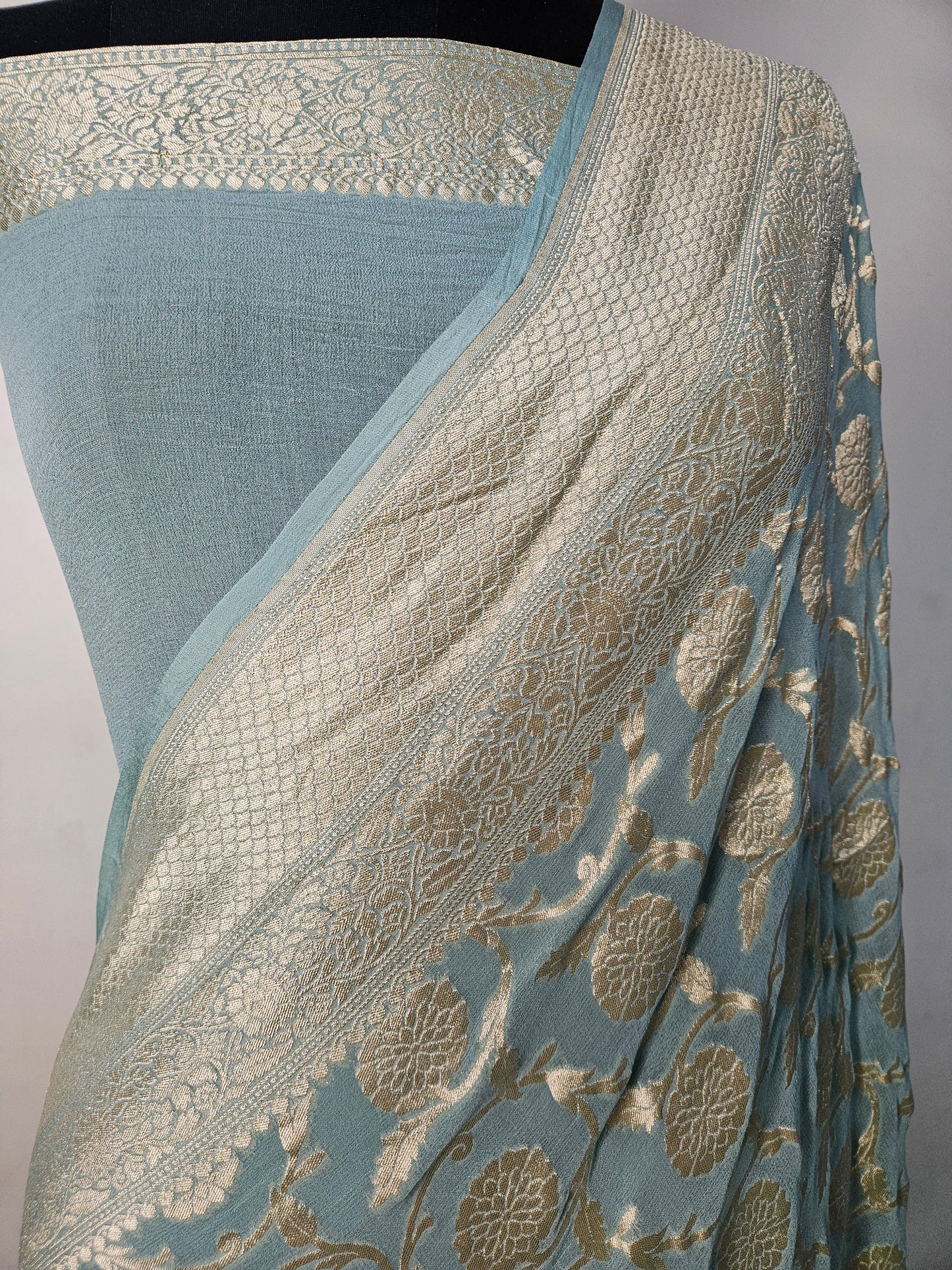 Pure Georgette Jungla Weaving Banarasi Saree in powder blue