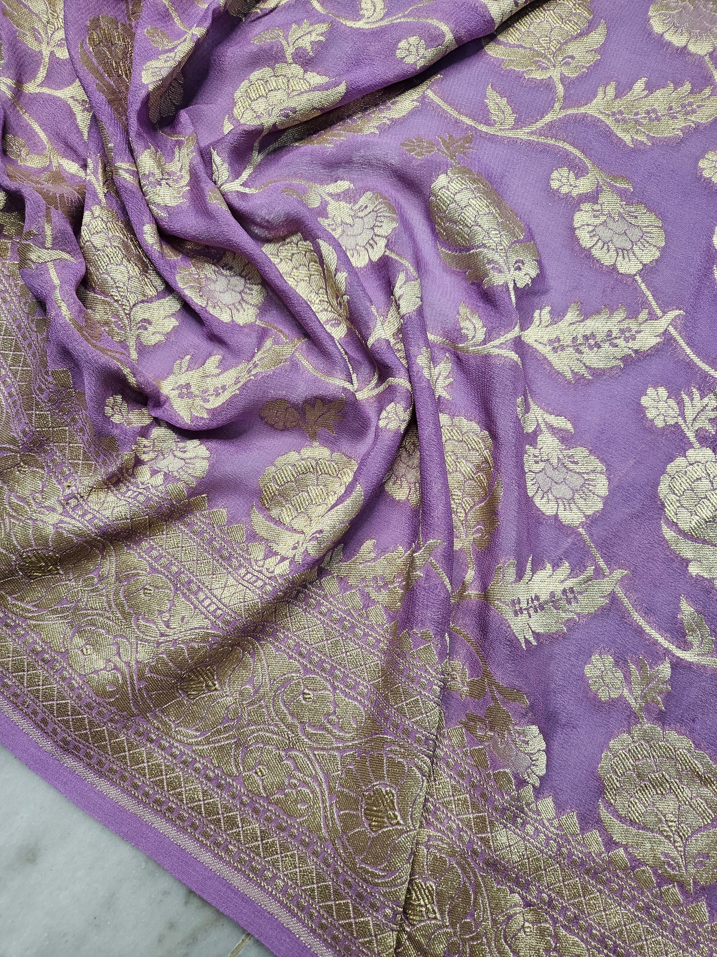 Pure Georgette Jungla Faux Nimzari Banarasi Saree in Purple