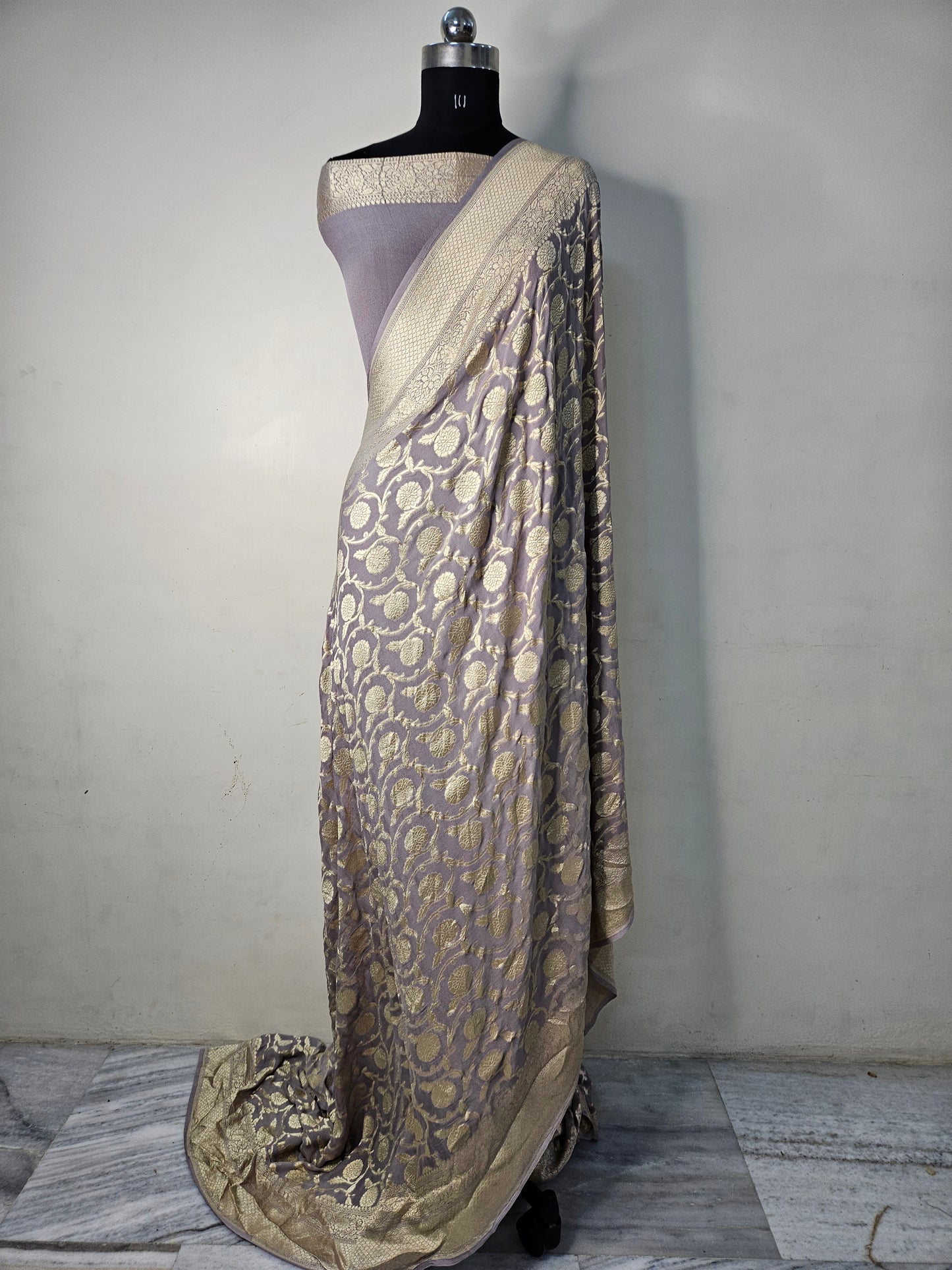 Powder Grey Pure Georgette Jungla Weaving Banarasi Saree