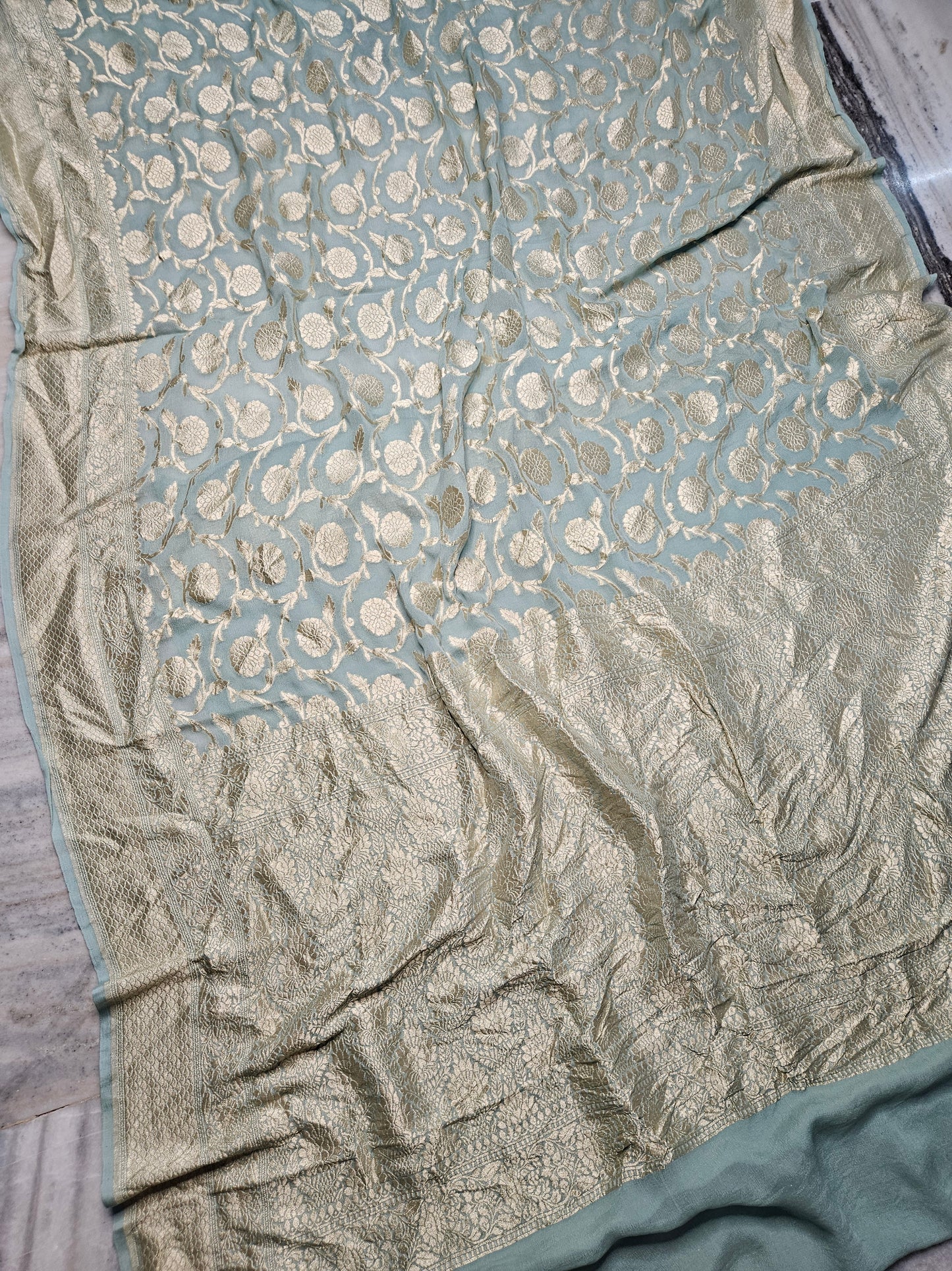 Pure Georgette Jungla Weaving Banarasi Saree in powder blue