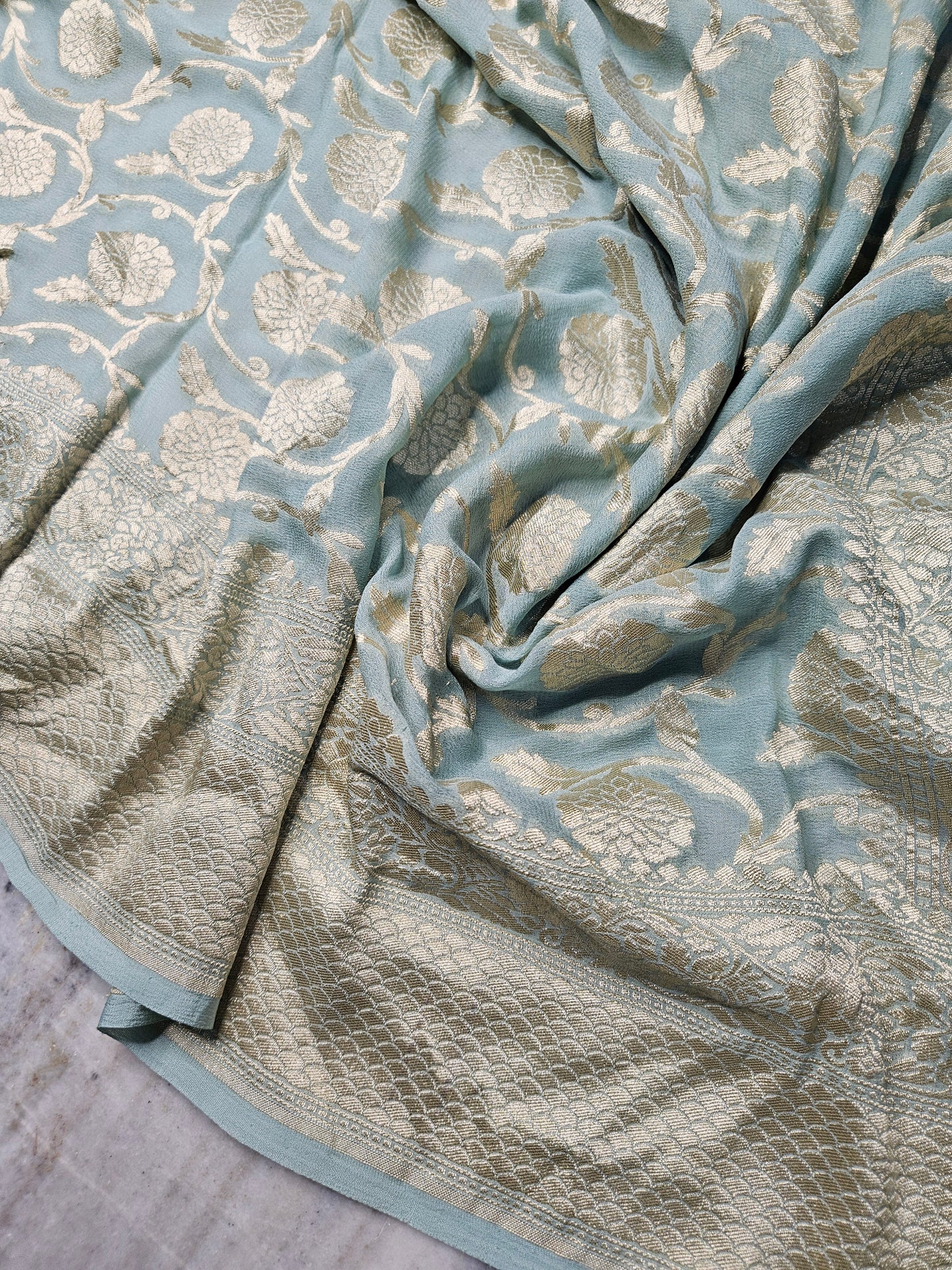 Pure Georgette Jungla Weaving Banarasi Saree in powder blue