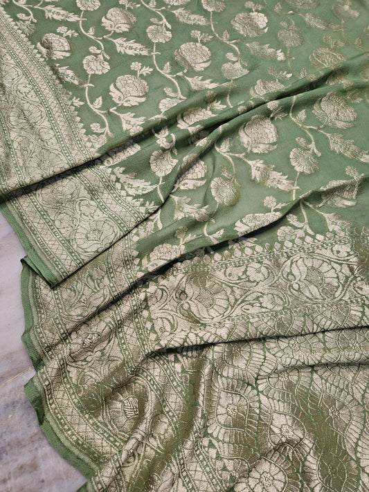 Pure Georgette Jungla Faux Nimzari Banarasi Saree in Mehendi Green