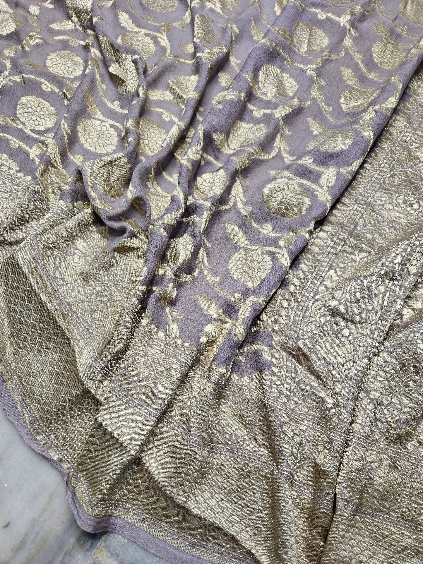 Powder Grey Pure Georgette Jungla Weaving Banarasi Saree