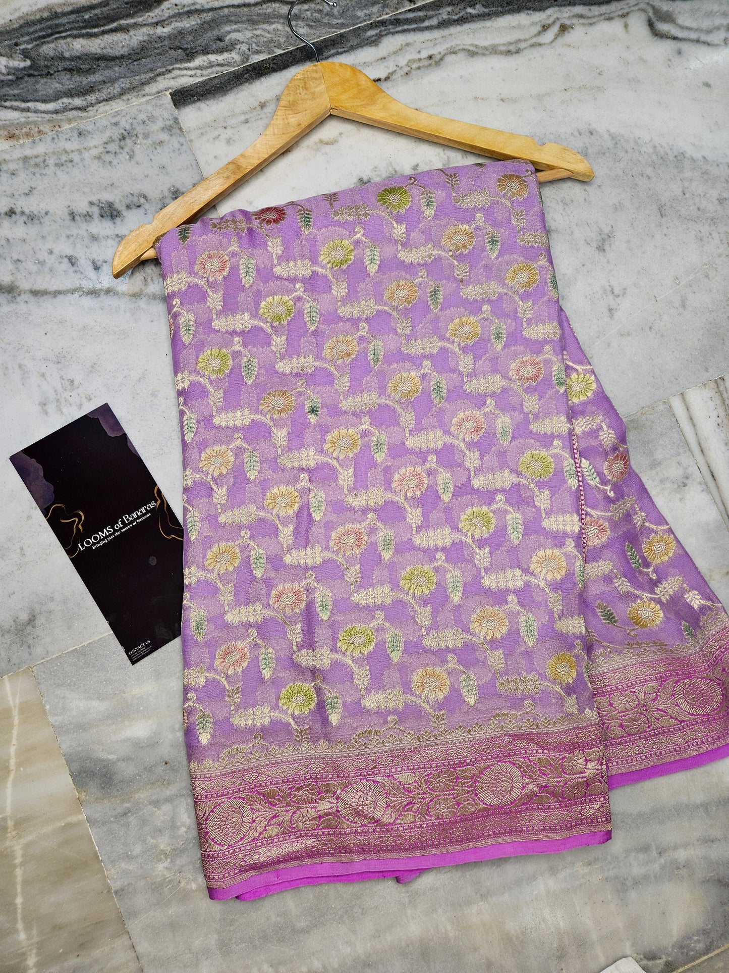 Pure Georgette Meena Hand Brush Work Banarasi Saree in Lavender