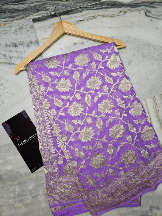 Pure Georgette Banarasi Saree weaving faux jaal watergold zari in Lavender