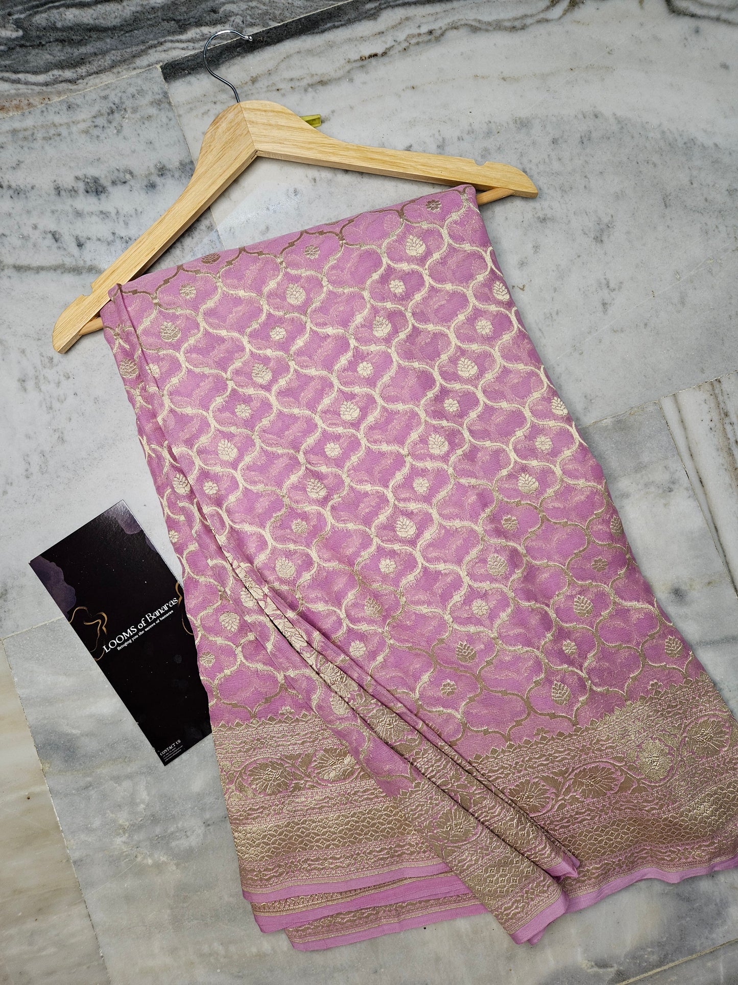 Pure Georgette Banarasi Saree weaving faux jaal watergold zari in Dusty Pink