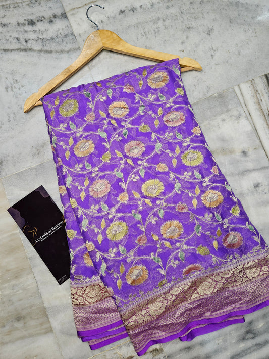 Pure Georgette Meena Hand Brush Work Banarasi Saree in Purple