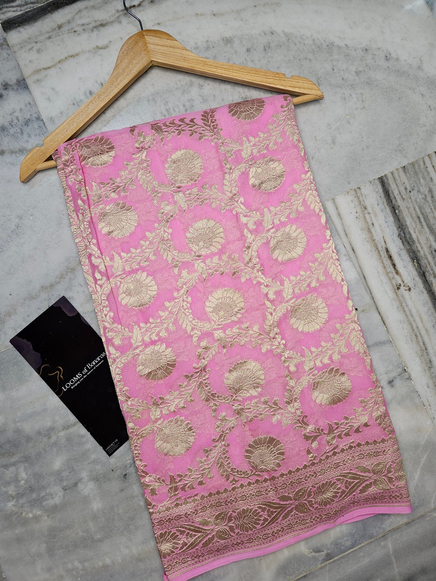 Pure Georgette Banarasi Saree weaving faux jaal watergold zari in pink