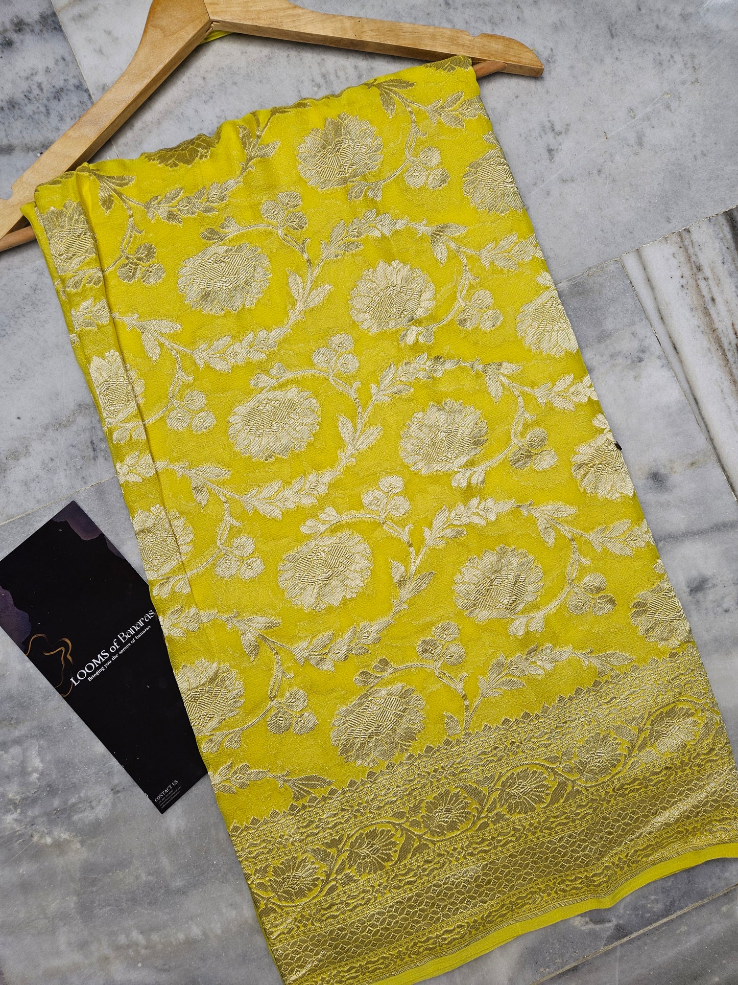 Yellow Pure Georgette Banarasi Saree Jaal weaving faux watergold zari