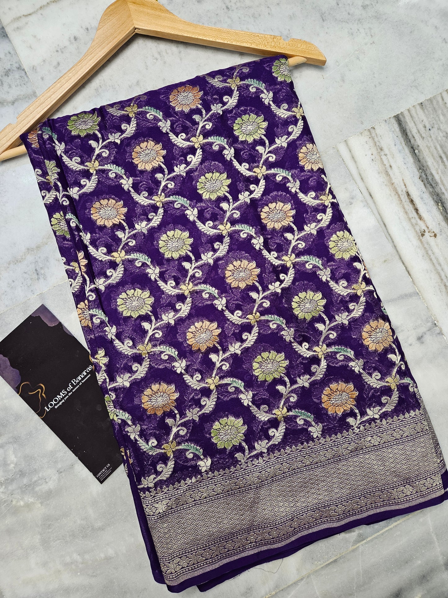 Pure Georgette Meena Hand Brush Work Banarasi Saree in Royal Purple