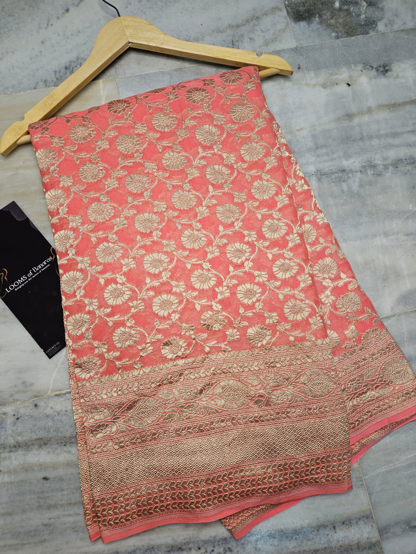 Peach Pure Georgette Banarasi Saree Jaal weaving faux watergold zari