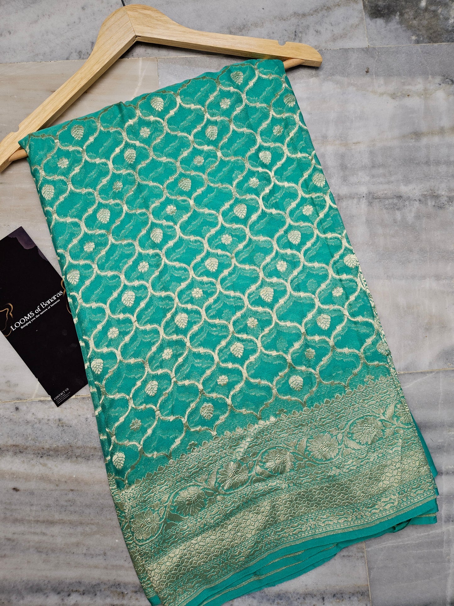 SeaGreen Pure Georgette Banarasi Saree Jaal weaving faux watergold zari