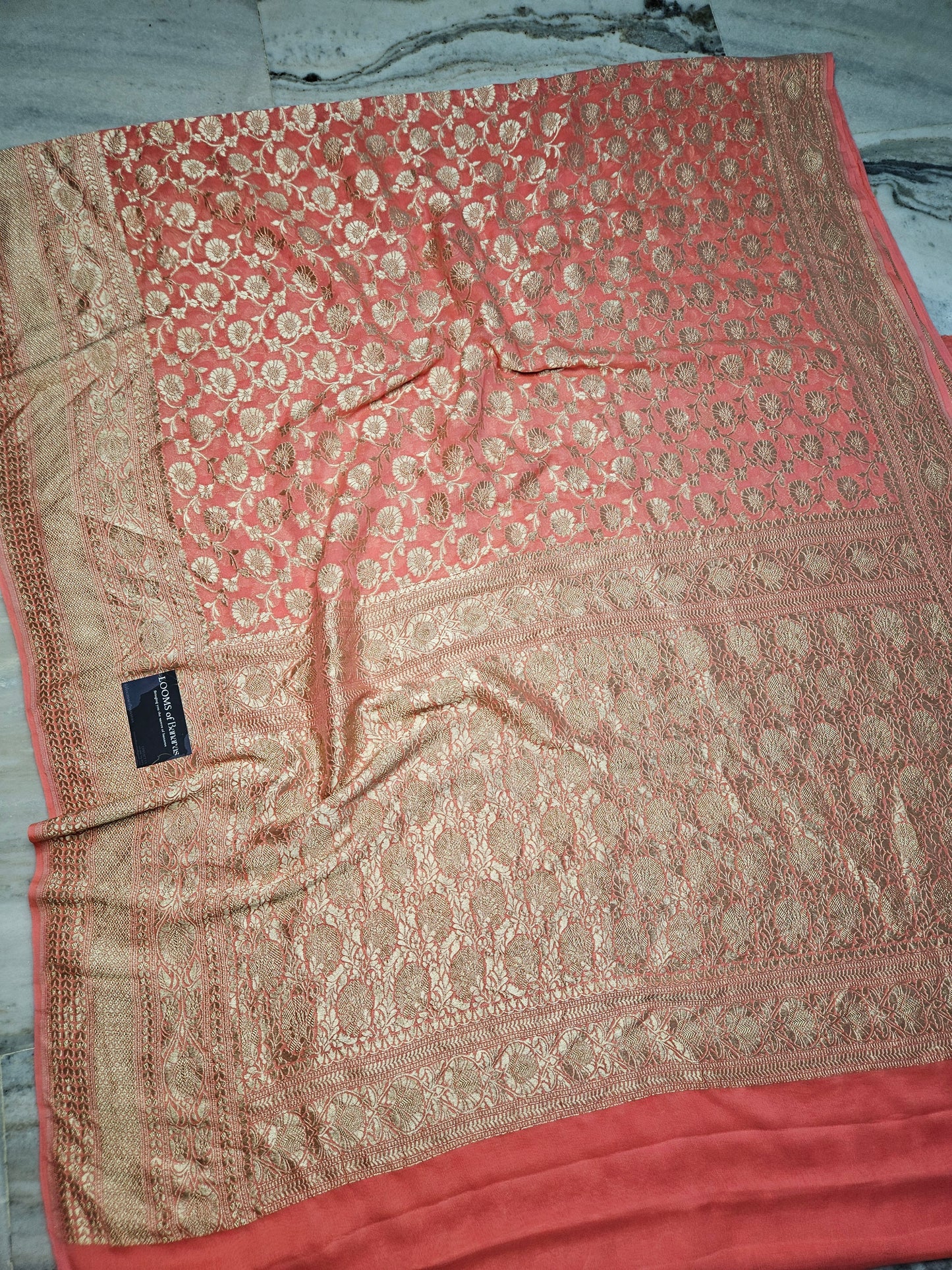 Peach Pure Georgette Banarasi Saree Jaal weaving faux watergold zari