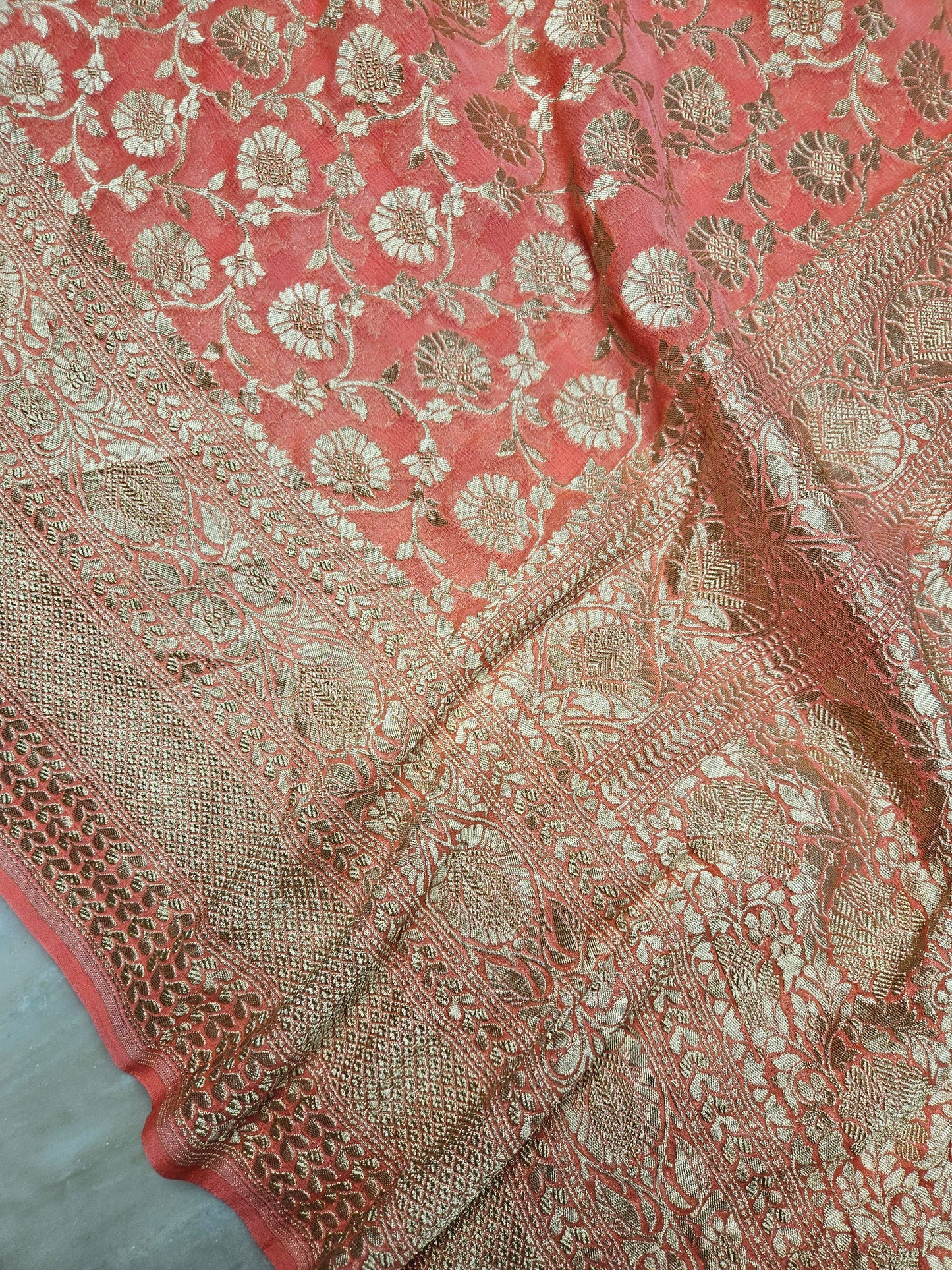 Peach Pure Georgette Banarasi Saree Jaal weaving faux watergold zari