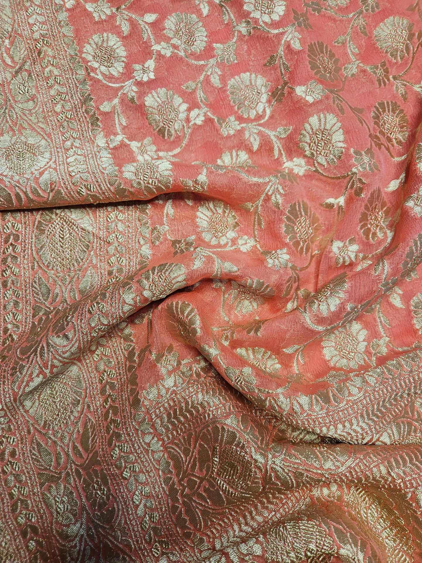 Peach Pure Georgette Banarasi Saree Jaal weaving faux watergold zari