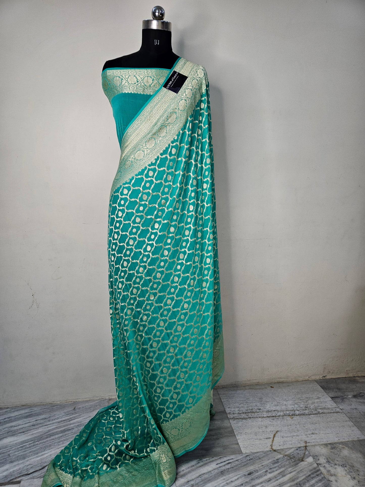 SeaGreen Pure Georgette Banarasi Saree Jaal weaving faux watergold zari