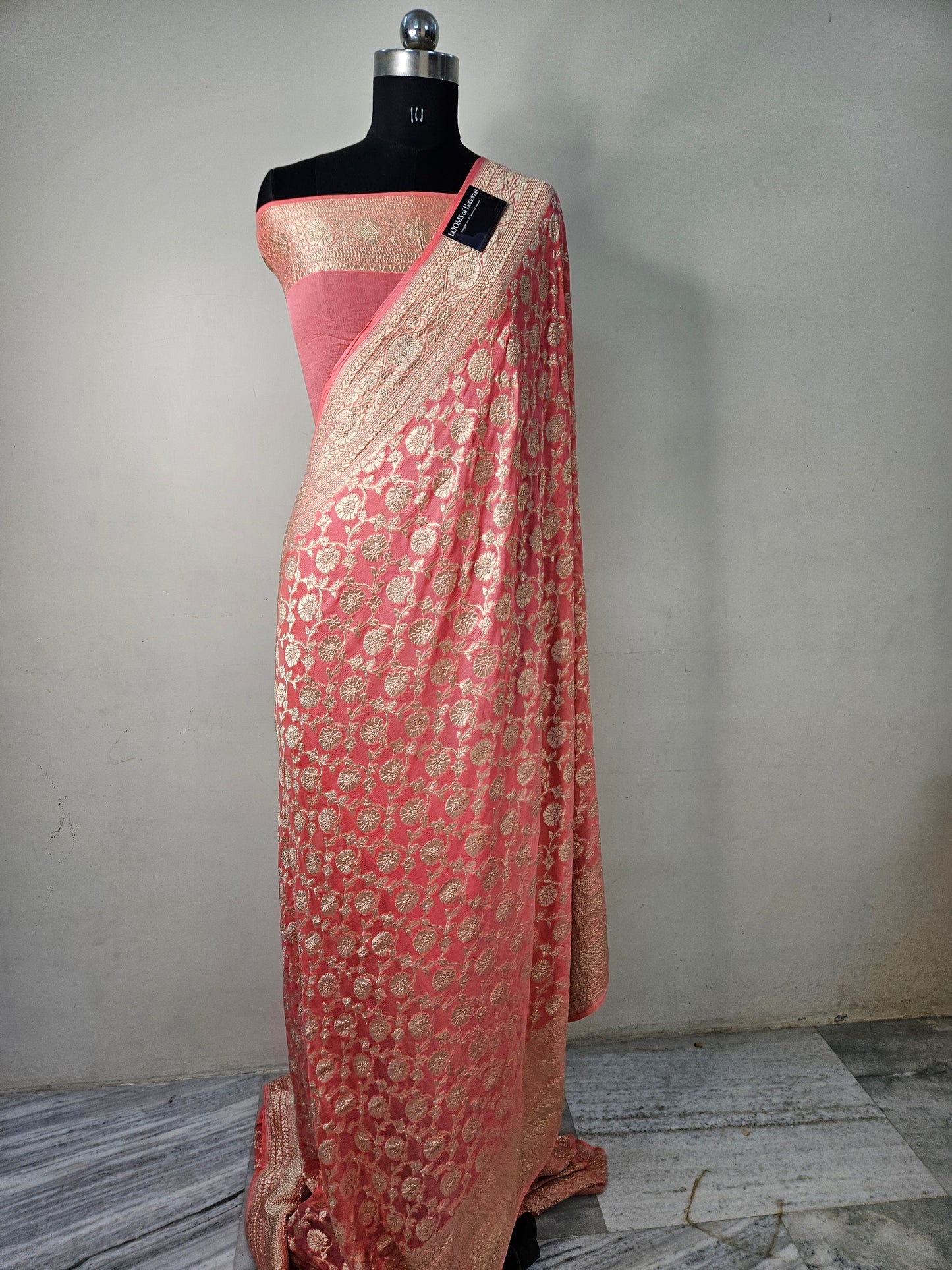 Peach Pure Georgette Banarasi Saree Jaal weaving faux watergold zari