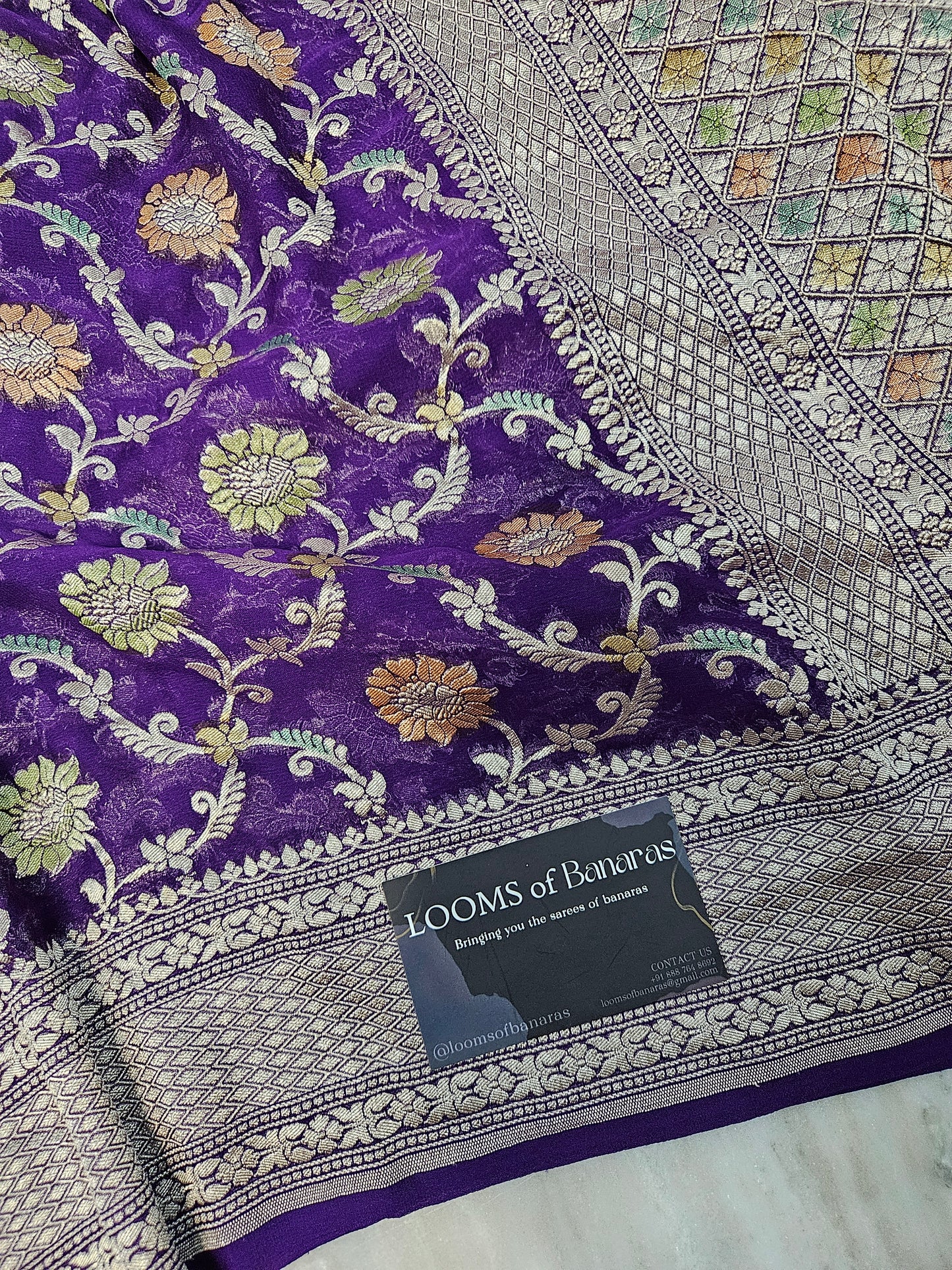 Pure Georgette Meena Hand Brush Work Banarasi Saree in Royal Purple