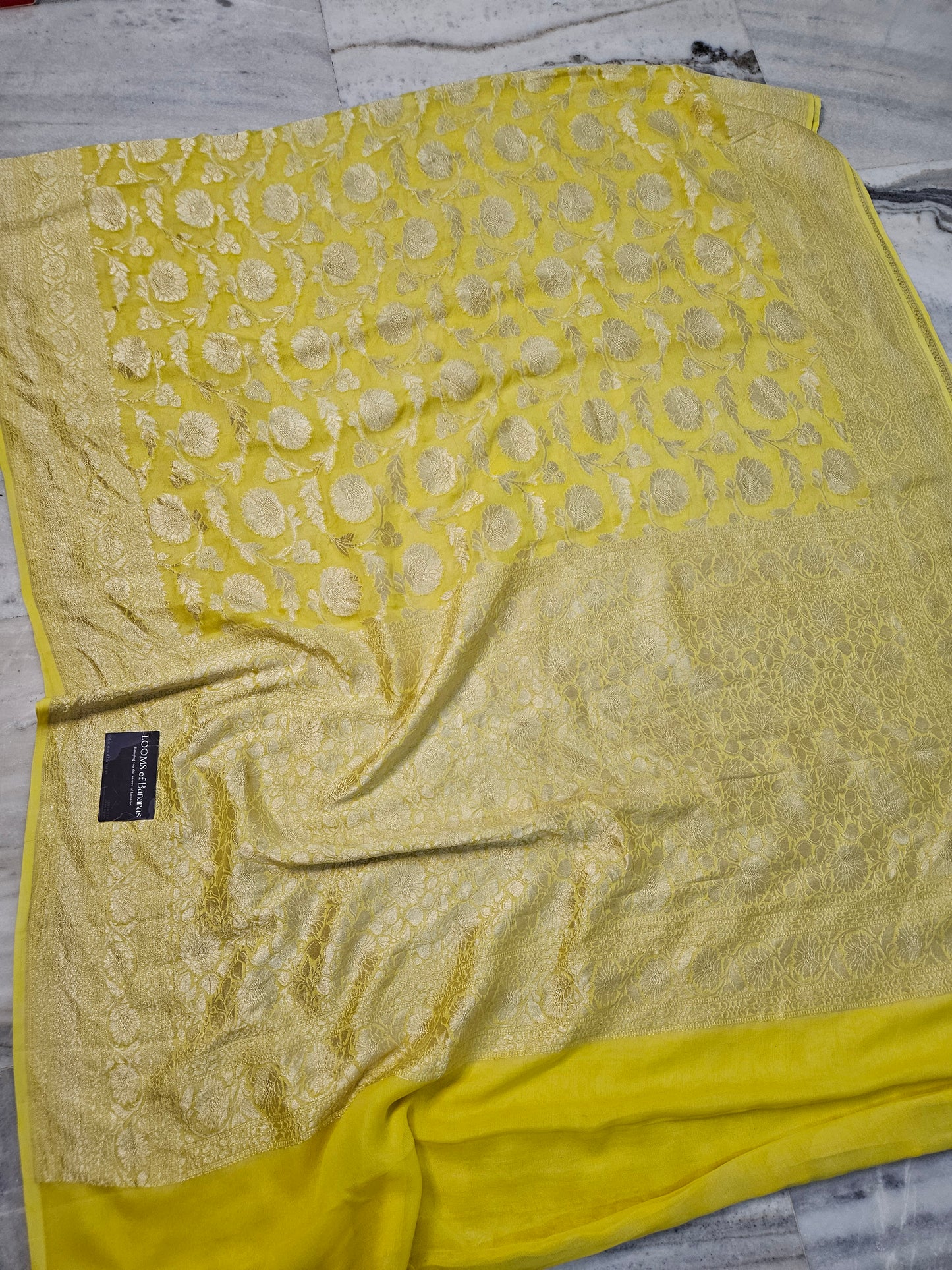 Yellow Pure Georgette Banarasi Saree Jaal weaving faux watergold zari