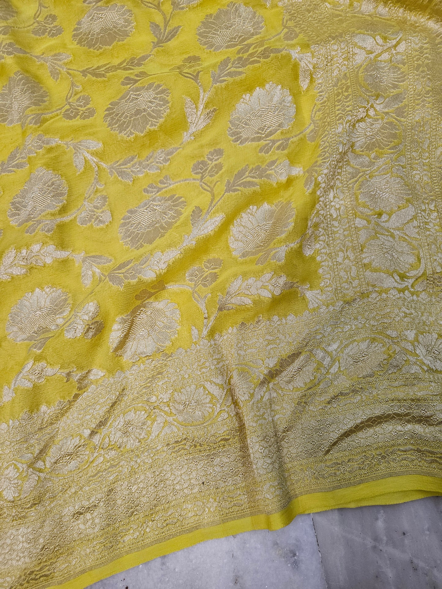 Yellow Pure Georgette Banarasi Saree Jaal weaving faux watergold zari