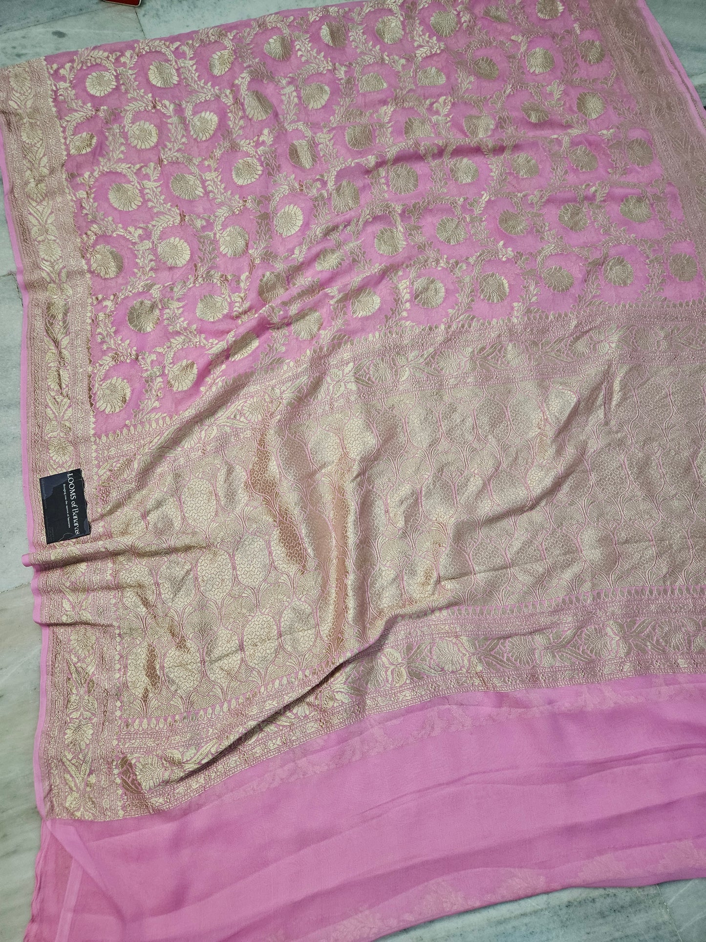 Pure Georgette Banarasi Saree weaving faux jaal watergold zari in pink