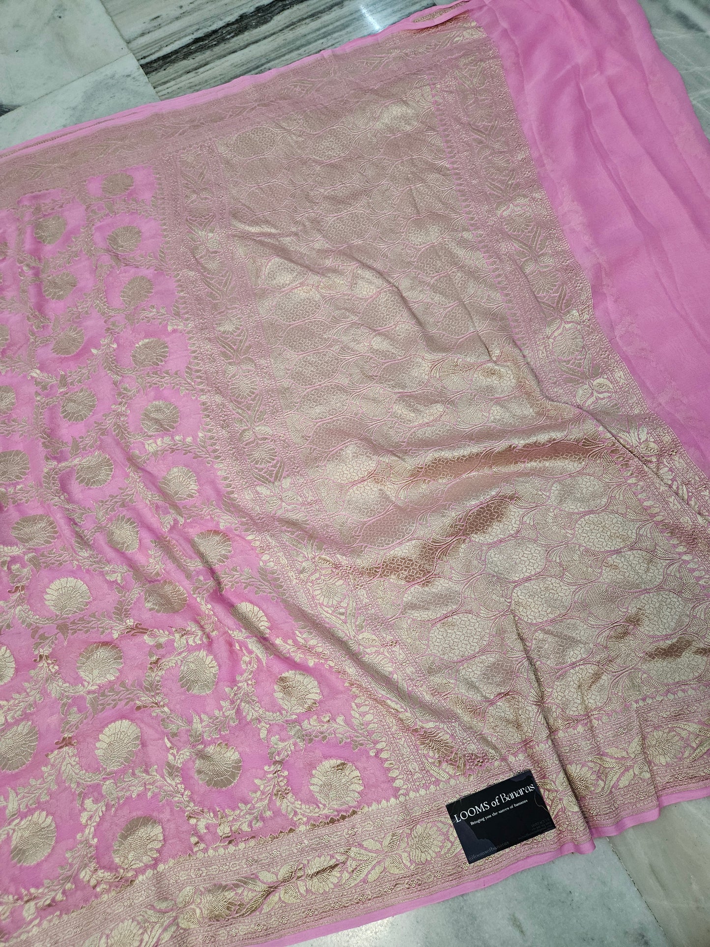 Pure Georgette Banarasi Saree weaving faux jaal watergold zari in pink