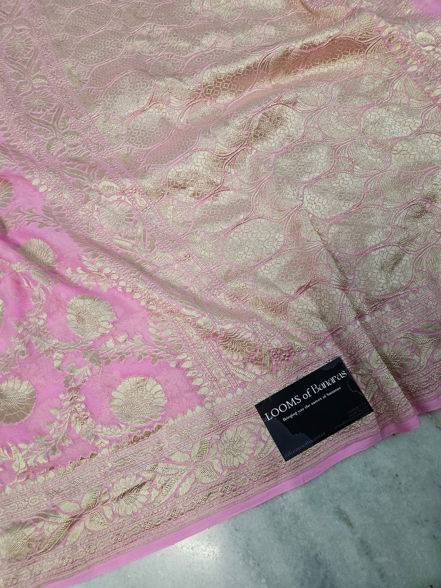 Pure Georgette Banarasi Saree weaving faux jaal watergold zari in pink