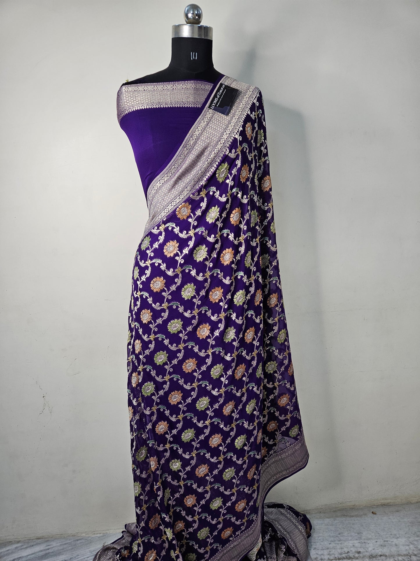 Pure Georgette Meena Hand Brush Work Banarasi Saree in Royal Purple