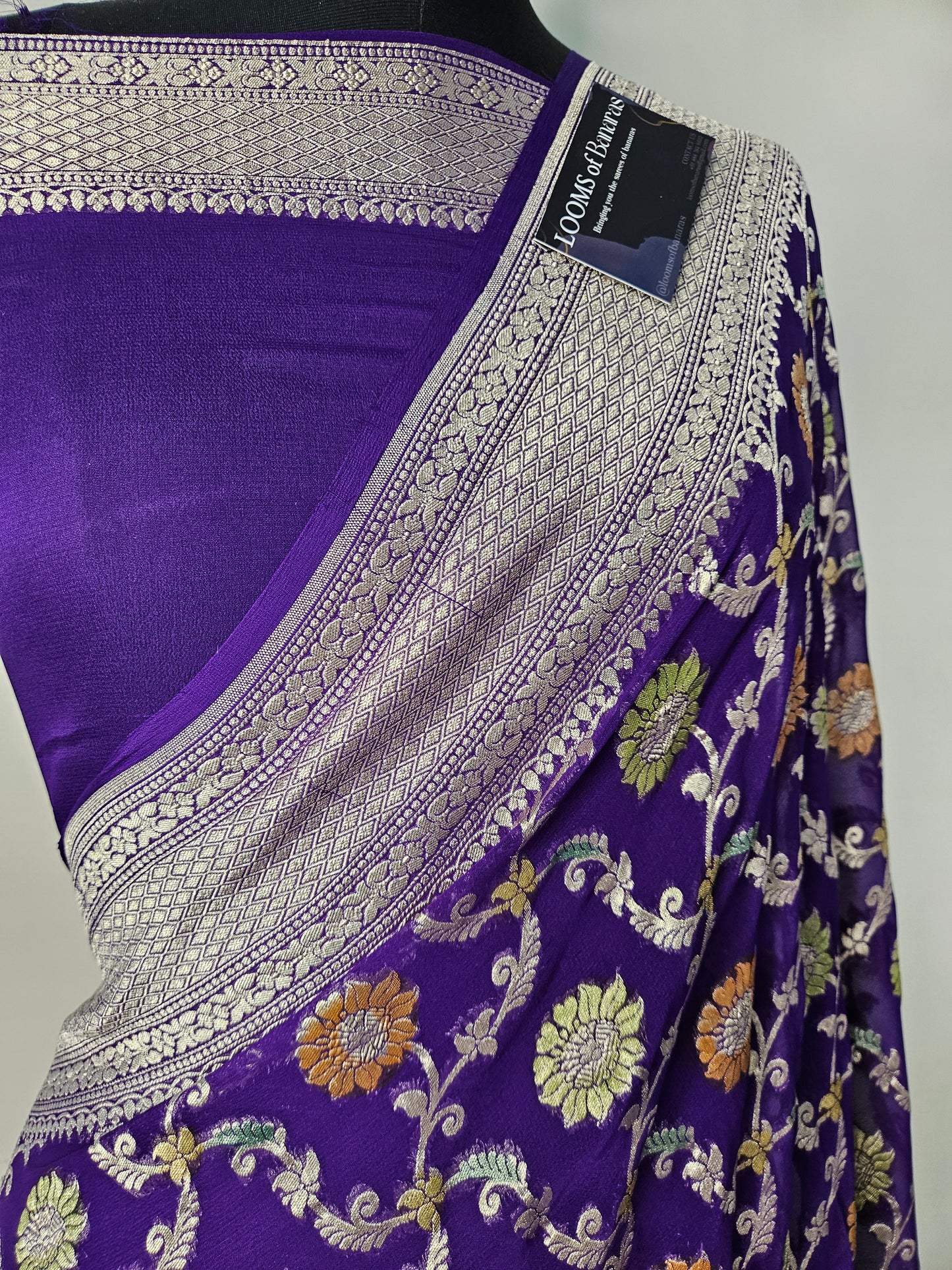 Pure Georgette Meena Hand Brush Work Banarasi Saree in Royal Purple