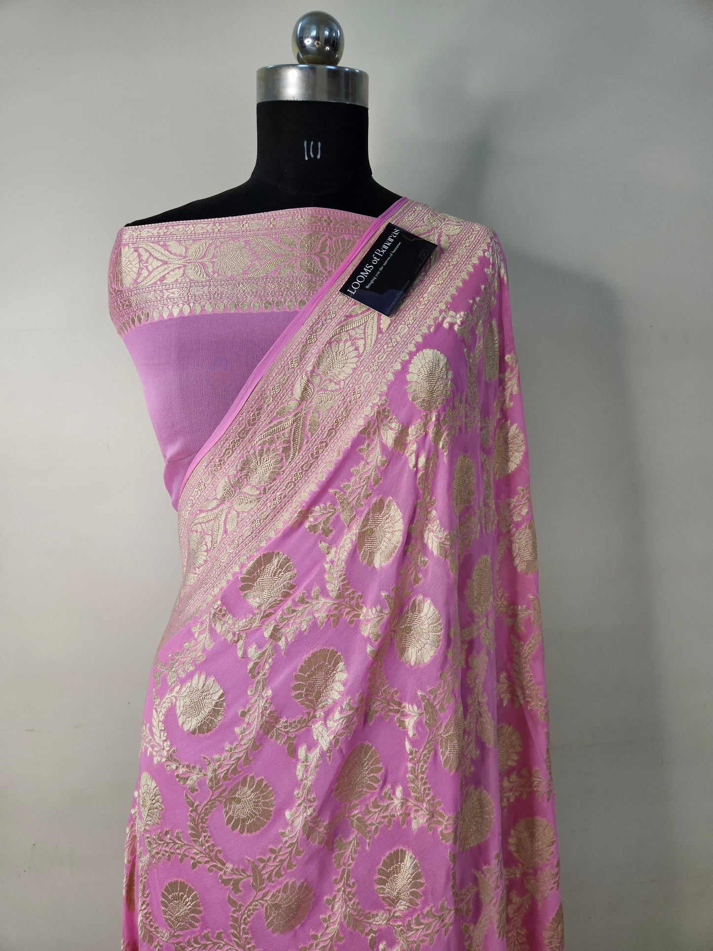 Pure Georgette Banarasi Saree weaving faux jaal watergold zari in pink