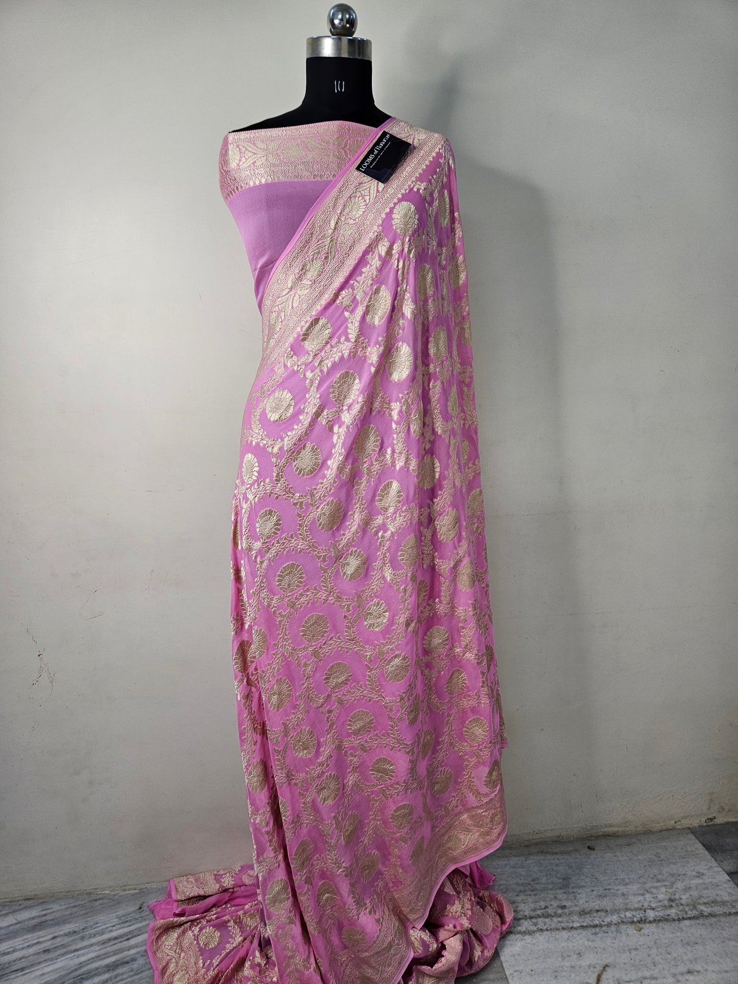 Pure Georgette Banarasi Saree weaving faux jaal watergold zari in pink