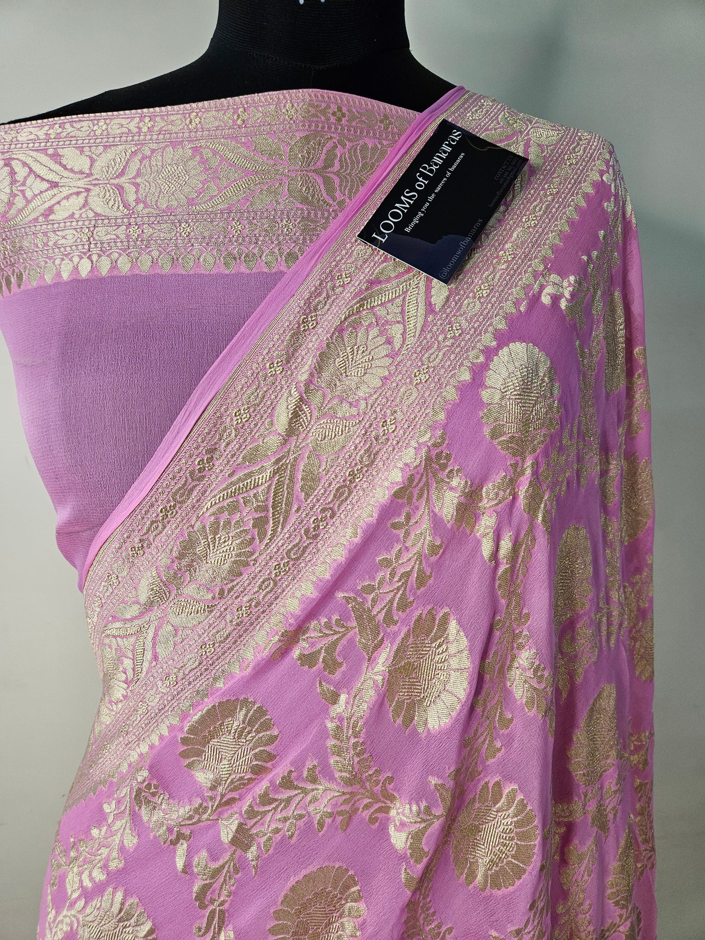 Pure Georgette Banarasi Saree weaving faux jaal watergold zari in pink