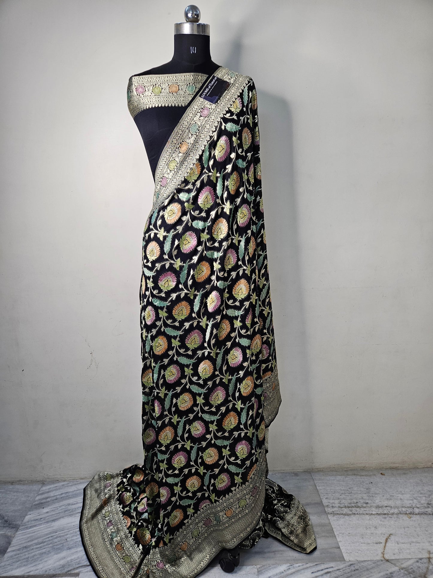 Pure Georgette Banarasi Saree Hand Brush Meena Floral Motifs Work in black