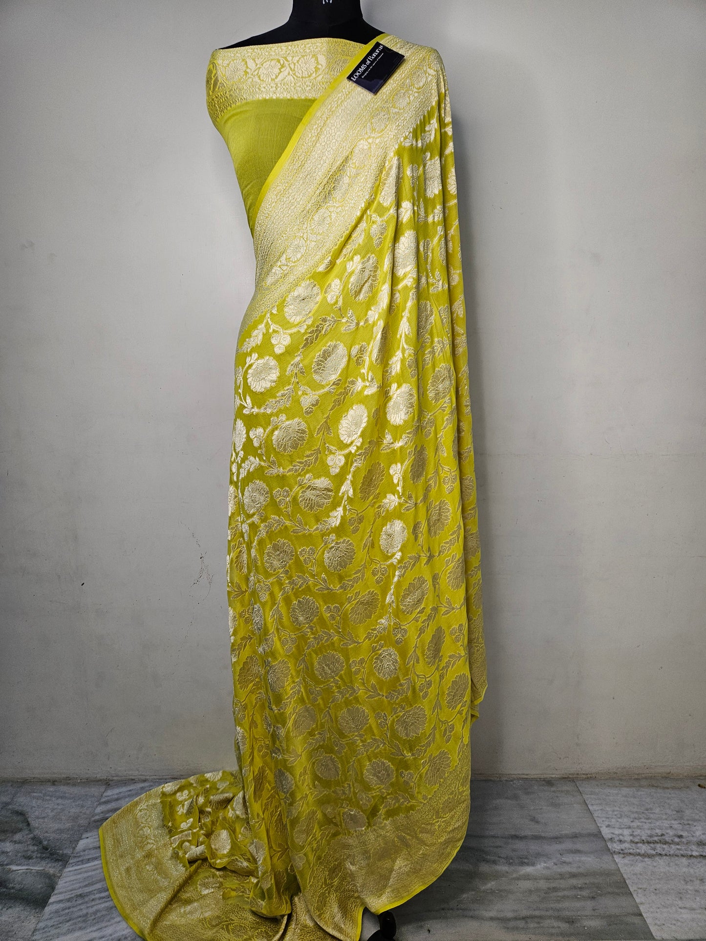 Yellow Pure Georgette Banarasi Saree Jaal weaving faux watergold zari