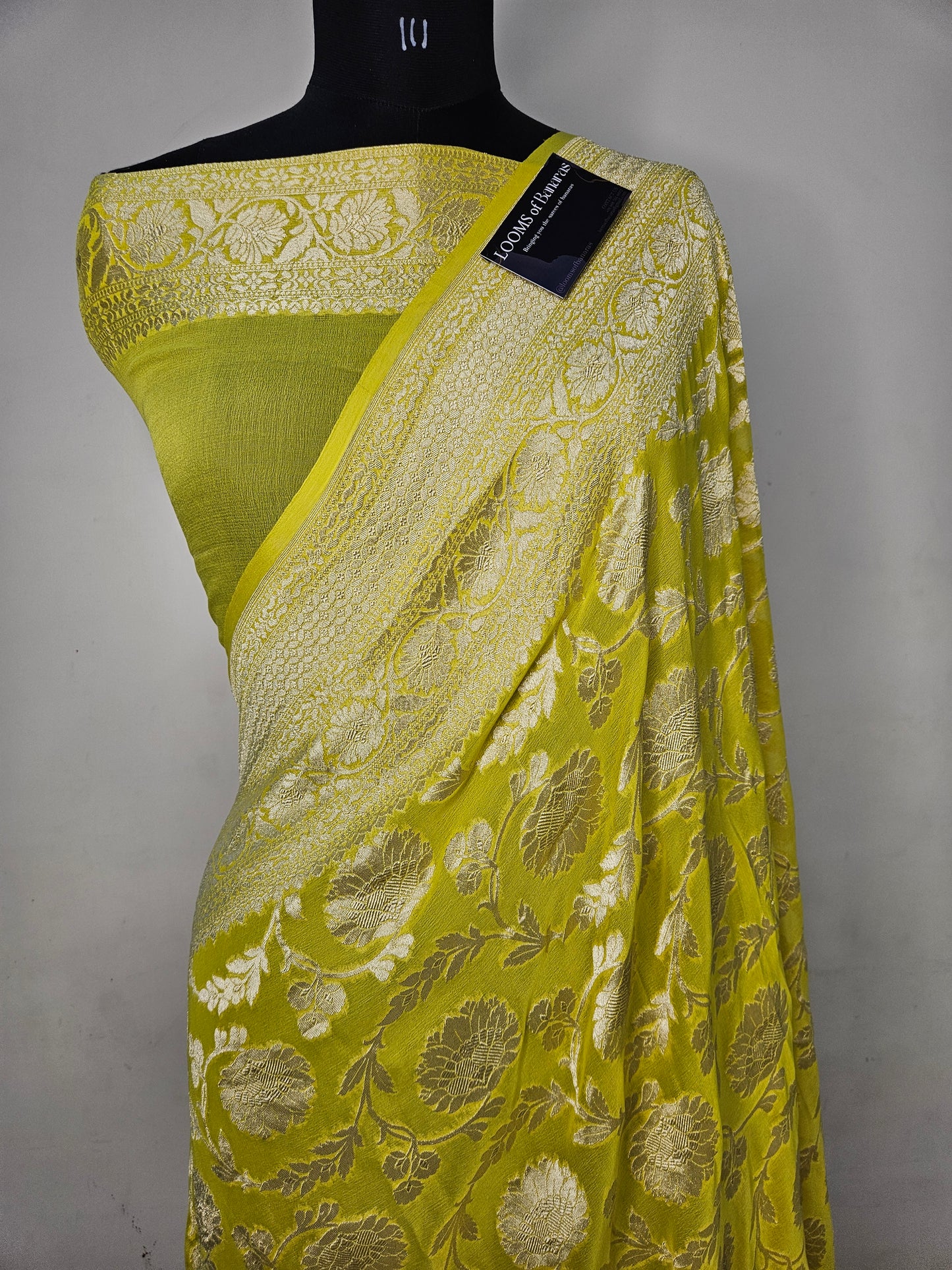 Yellow Pure Georgette Banarasi Saree Jaal weaving faux watergold zari