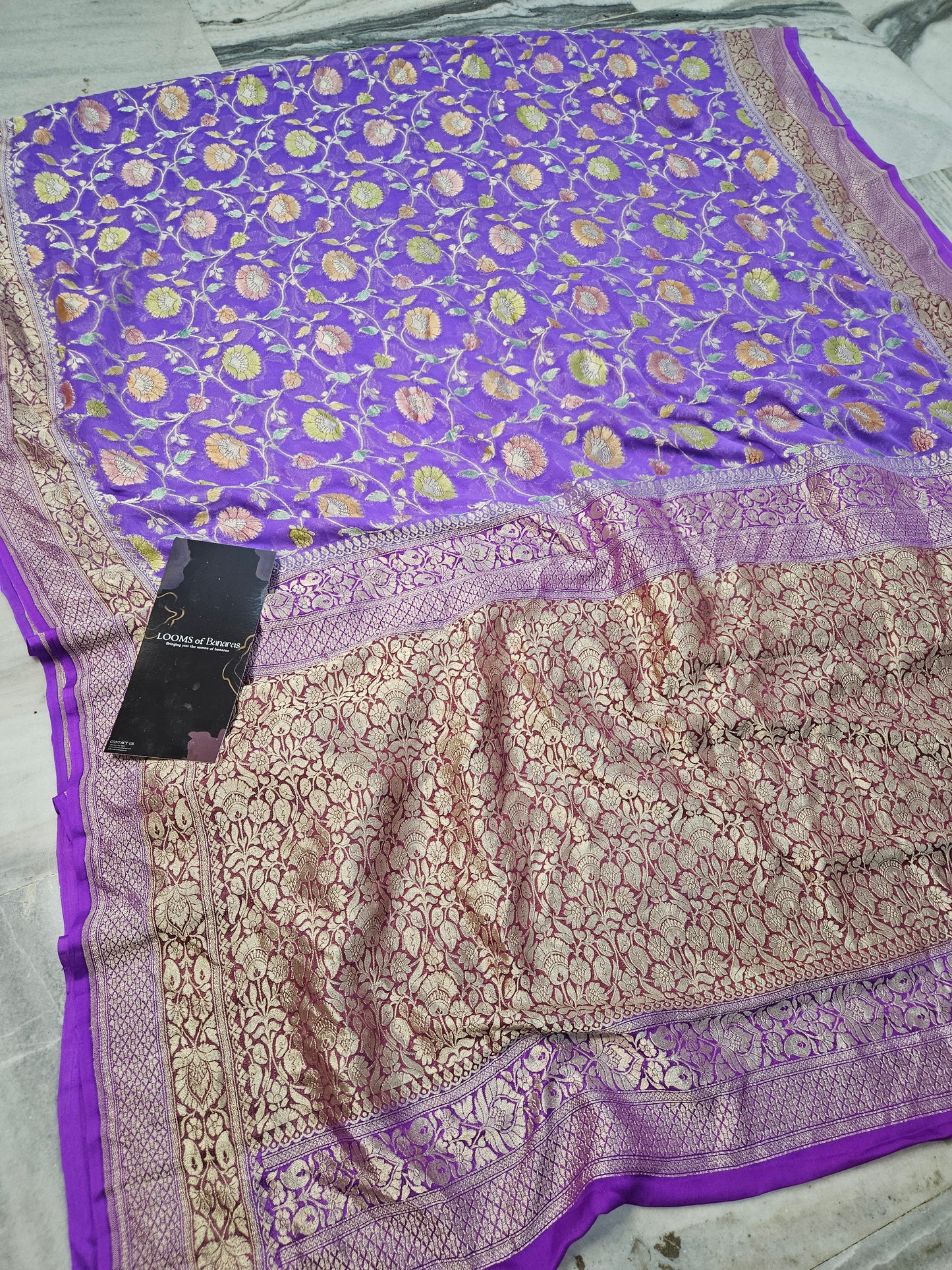 Pure Georgette Meena Hand Brush Work Banarasi Saree in Purple